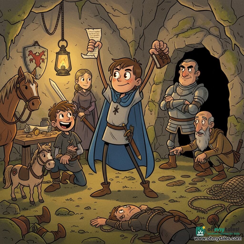 The main character is a young trainee knight boy (about 14), with a blunt but determined face, large bright eyes and flushed cheeks, wearing a simple tunic and an oversized cape, triumphantly holding a sealed scroll in one hand and a small leather notebook in the other; to his left a laughing squire (Jory, ~16) with tousled hair kneels, pinning a bandit, to the right Captain Brine (~50), stern and stout in worn armor, stands with arms crossed near the cave mouth, while Dame Elowen (~30) stands just behind Rowan, calm and vigilant with her sword sheathed but ready and lit by a lantern; Old Marn (~60), a thin scout with a gray beard, crouches at the cave entrance inspecting tracks; the stubborn little pony Maple is tied near the horses at the front left. The setting is a rocky ridge cave with wet stone walls moss-covered, a hanging lantern casting warm light and long shadows, a shield with a crooked crest on the wall, scattered scrolls and gold coins on a wooden table and ropes and nets on the floor. The main action shows the boy knight raising the sealed scroll as evidence, the bandit leader trapped in a net at the group's feet with other bandits subdued, a triumphant, dramatically revealed scene in warm amber, brown and moss-green tones in a retro cartoon style.