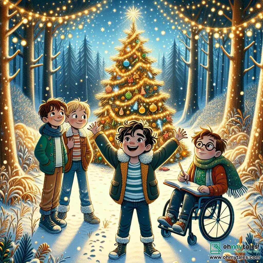 Four ten-year-old boys stand in the center of an enchanted clearing, surrounded by sparkling snow-covered fir trees. Max, with curly hair and a bright smile, raises his arms in victory. To his right, Oliver, wearing round glasses and a dreamy expression, holds a sketchbook, ready to draw the magic around them. On the left, Liam, serious with brown hair and a focused expression, attentively looks at a large tree decorated with colorful ornaments. Finally, Theo, cheerful in his colorful wheelchair, bursts into laughter, his eyes sparkling with mischief. The setting is a fairy-tale forest bathed in golden light, where snowflakes dance in the air. The ground is covered with a sparkling blanket of snow, and a large Christmas tree, adorned with glowing garlands and a shining star on top, stands majestically at the center of the scene. The main situation shows the boys discovering the magical tree, with a missing sparkling star at the top, as they prepare to embark on an adventure to save Christmas and regain the lost magic.