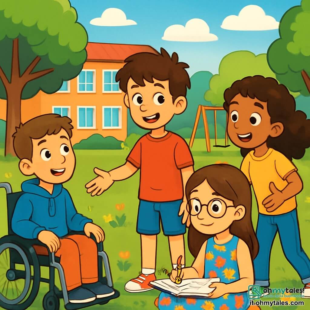 Ci sono 4 bambini: - Luca: un ragazzo di 11 anni, con capelli castani disordinati e occhi brillanti. Indossa una maglietta rossa e pantaloni corti blu. È in piedi al centro, sorridente, e tende la mano verso Andrea per invitarlo a giocare. - Sofia: una ragazza di 10 anni, con lunghi capelli castani e occhiali. Indossa un vestito a fiori colorato ed è seduta sull'erba, intenta a disegnare su un quaderno. - Marco: un ragazzo di 11 anni, con capelli corti e alta statura. Usa una sedia a rotelle e indossa un felpa blu. È a sinistra dell'immagine, sorridente e guarda Andrea con incoraggiamento. - Giulia: una ragazza di 10 anni, con capelli ricci e grande energia. Indossa una maglietta gialla e jeans. È a destra, mentre fa un gesto amichevole verso Andrea, invitandolo a unirsi al gruppo. La scena si svolge nel cortile di una scuola elementare, circondato da grandi alberi verdi e fiori colorati. Il terreno è coperto di erba ben curata, e si vedono giochi per bambini sullo sfondo, come altalene e uno scivolo. Il cielo è blu con alcune nuvole bianche, creando un'atmosfera gioiosa e accogliente. La situazione principale mostra i quattro amici uniti, circondando Andrea, che sembra inizialmente timido ma inizia a sorridere. Stanno giocando insieme, condividendo risate e gesti amichevoli, illustrando un momento di solidarietà e accettazione, lontano dal bullismo.