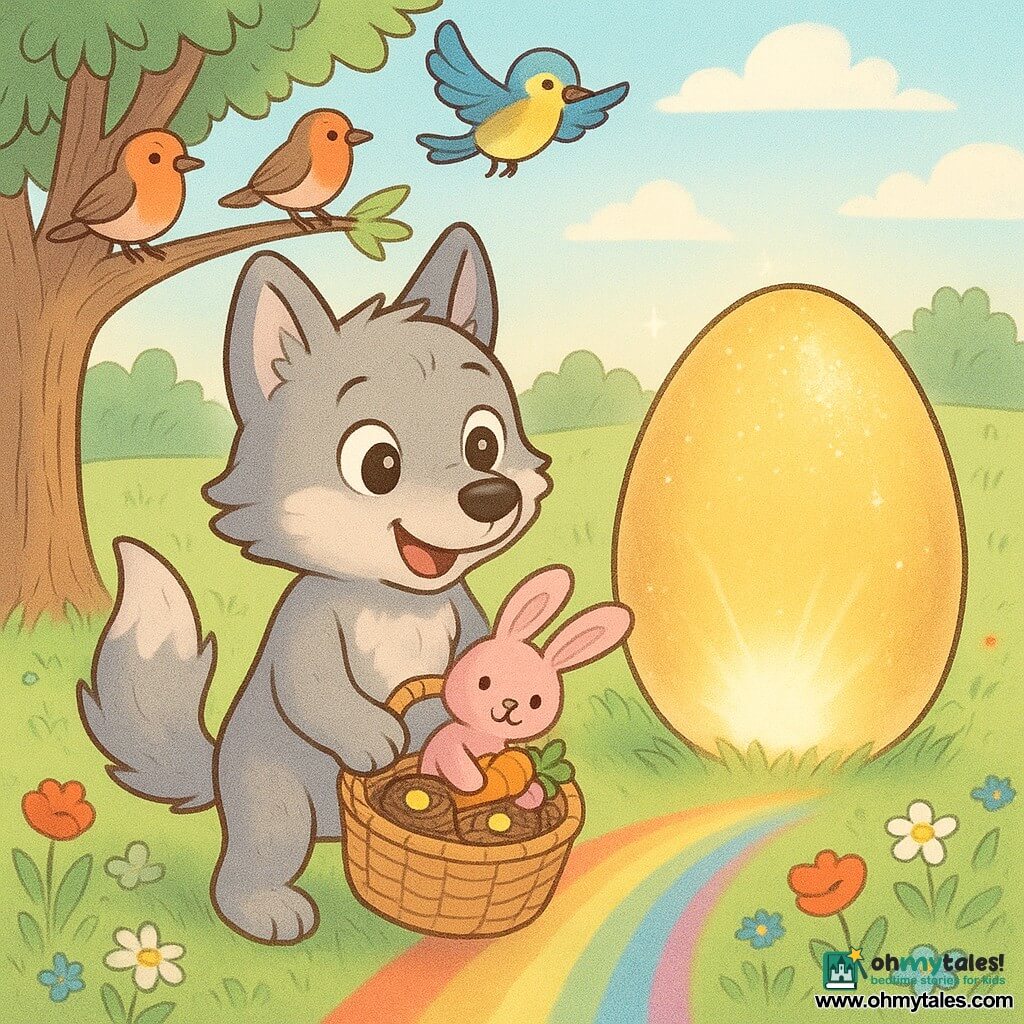 Willow, a small anthropomorphic wolf with soft grey fur and white patches and big bright eyes, smiles while holding a wicker basket of chocolate nests with a pink plush bunny clutching a fabric carrot inside; colorful birds perch in a left tree as Willow stands in a sunlit meadow of vibrant green grass and wildflowers beside a sparkling rainbow path that leads to a giant open glowing egg emitting warm golden light, depicted in a warm pastel, rounded, child-friendly style.