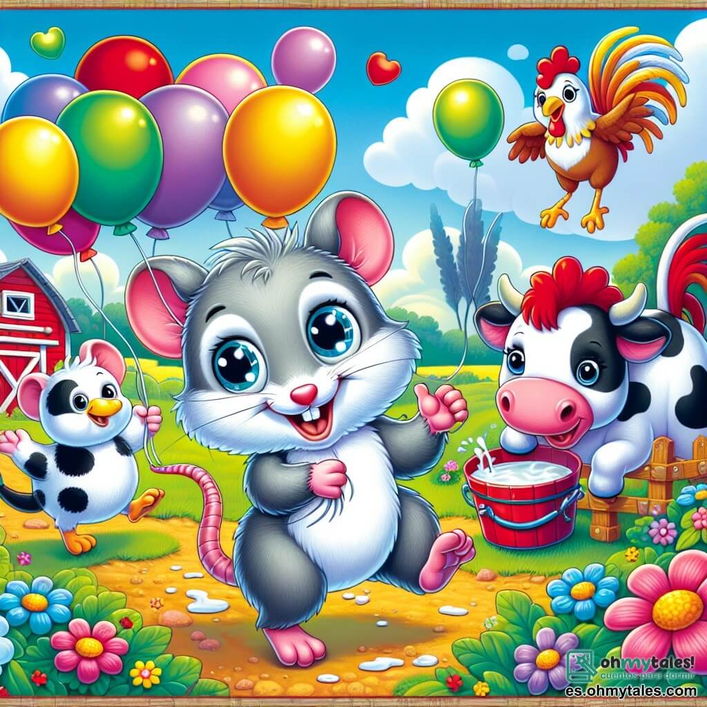Un pequeño ratón llamado Ratico, con pelaje gris y ojos chispeantes de travesura, está en el centro de la imagen, saltando de alegría con una gran sonrisa en su rostro. Sostiene un globo colorido con sus pequeñas patas. A su derecha, una vaca de pelaje negro y blanco, con una mirada amistosa y manchas rosas en la nariz, sostiene un balde de leche, lista para verterlo para la fiesta. A su izquierda, un gallo con plumas brillantes de rojo y oro canta alegremente, con las alas desplegadas, añadiendo un toque musical a la atmósfera festiva. La escena se desarrolla en una granja soleada, con un cielo azul claro, campos verdes y un granero rojo al fondo. Ratico y sus amigos están a punto de celebrar una gran fiesta, rodeados de risas y alegría, mientras globos flotan en el aire, creando una atmósfera de felicidad y amistad.