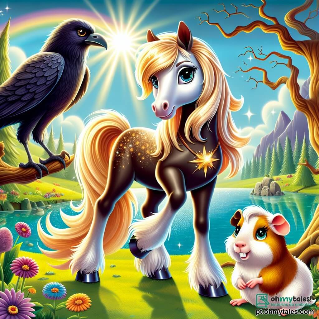 Um magnífico cavalo chamado Estrela, com uma crina dourada cintilante e olhos brilhantes como estrelas, está à beira de um lago mágico, exibindo uma expressão de determinação e coragem. Ao seu lado, Pompom, um pequeno porquinho-da-índia travesso com grandes orelhas e pelagem sedosa, observa com preocupação, seus olhos redondos cheios de angústia. Ao fundo, a sábia corvo Sábia, empoleirada em um galho, observa atentamente a cena, suas penas negras brilhando sob o sol. O local é um vale encantador, com flores coloridas dançando ao vento e árvores majestosas com troncos retorcidos, criando uma atmosfera mágica. A cena principal mostra Estrela e Pompom prontos para partir em uma aventura para salvar o lago, com raios de luz emanando da água, simbolizando a magia que os cerca.
