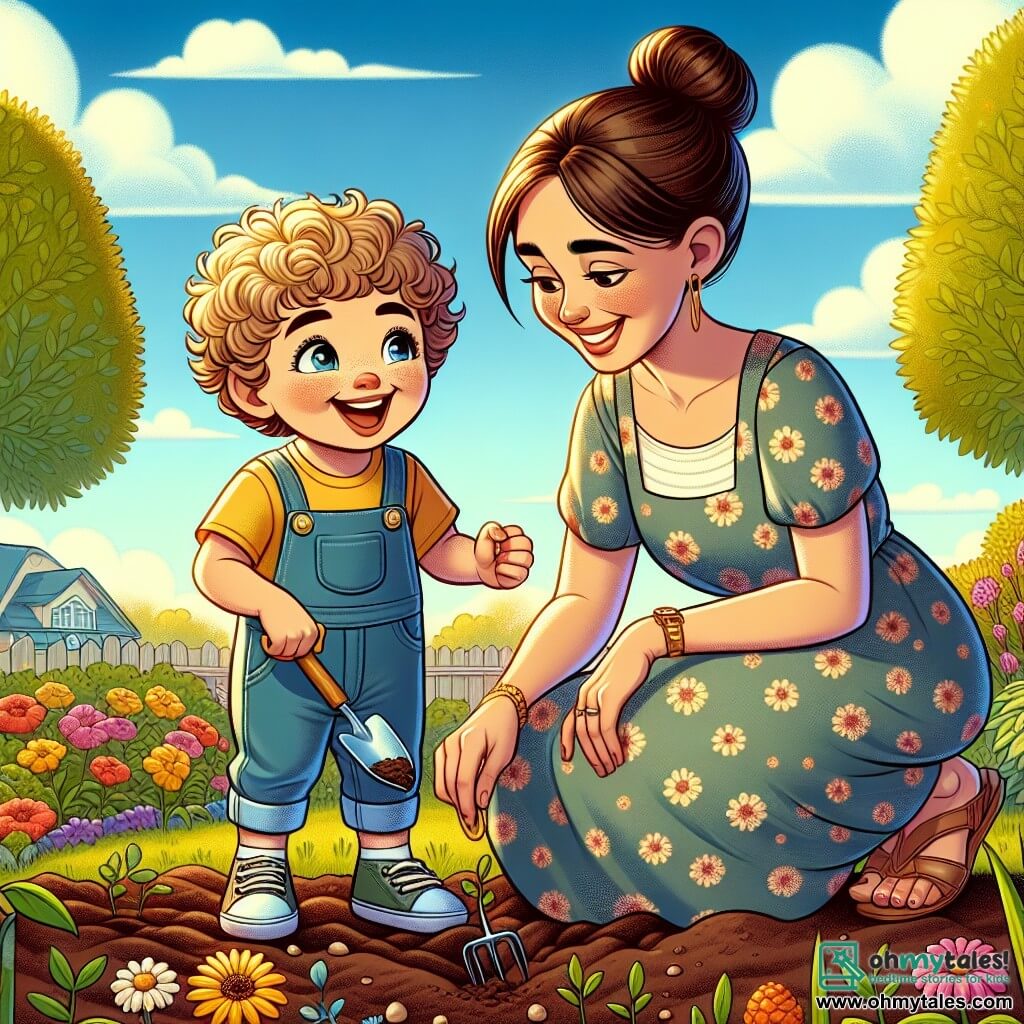 A 2-year-old boy with curly blonde hair and sparkling eyes is planting seeds in a sunny garden. He wears blue overalls and a yellow t-shirt, and his face shows great excitement. Next to him, his mother, a woman in her 30s with her brown hair in a bun, smiles proudly as she shows him how to plant the seeds. She wears a light floral dress and sandals, leaning slightly towards him to encourage him. The garden is filled with brown soil, colorful flowers beginning to bloom, and green trees in the background. The sky is blue with a few white clouds, and the sun is shining brightly. The main scene shows the boy digging a hole in the soil with a small shovel while his mother shows him how to place the seeds inside, creating a scene full of happiness and spring discovery.