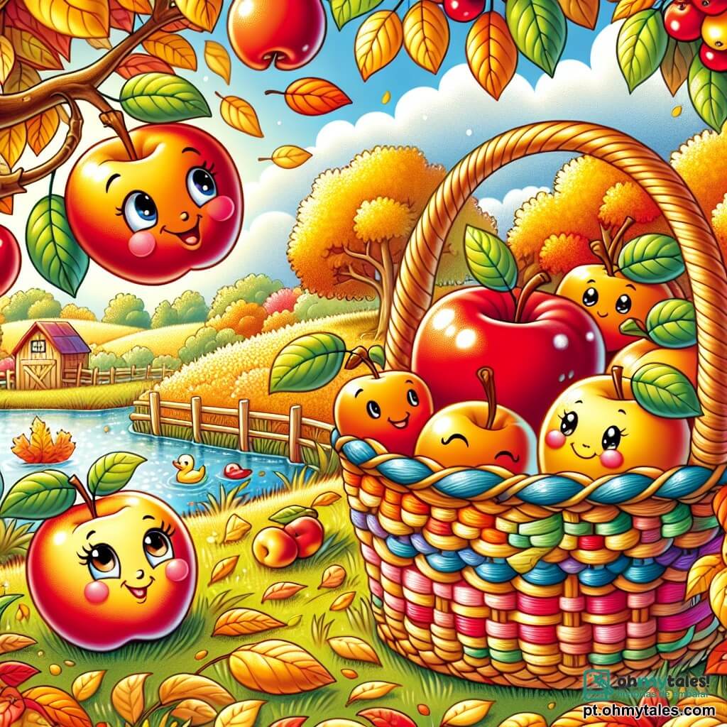 No centro da imagem, uma pequena cesta de vime sorridente, com alças coloridas e padrões de folhas de outono, está sobre um tapete de folhas douradas. Ela observa maravilhada maçãs vermelhas brilhantes penduradas em um pé de maçã, seus olhos brilhando de alegria. À esquerda, um grupo de três maçãs com rostos sorridentes, bochechas rosadas e olhos travessos, balança suavemente ao vento, prontas para serem colhidas. À direita, um grande e redondo damasco laranja, com um sorriso amigável, se ergue orgulhosamente no chão, cercado por pequenas folhas. Ao fundo, uma paisagem rural pitoresca, com árvores de cores vivas de outono, um céu azul claro e um lago cintilante, onde patos nadam alegremente. A cena representa a cesta descobrindo a beleza do outono, cercada por frutas felizes, em um ambiente acolhedor e festivo.