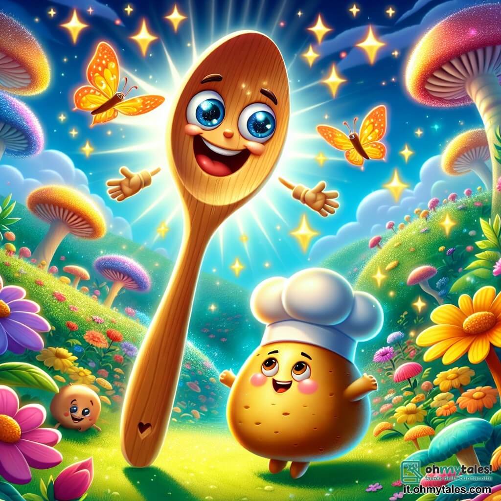 Cucchiarello, un cucchiaio di legno con un grande sorriso e occhi scintillanti, fluttua gioiosamente nell'aria, i suoi colori vivaci brillano sotto la luce del sole. È circondato da piccole stelle brillanti che danzano intorno a lui, esprimendo gioia e meraviglia. Accanto a lui, Patatotto, una patata sorridente con un cappello da chef, lo guarda con ammirazione, le sue guance rotonde e dorate illuminate da un sorriso radioso. Si trova su un terreno verdeggiante, circondato da fiori colorati che sembrano applaudire alla loro avventura. Il contesto è un giardino incantato, pieno di fiori giganti dai colori vivaci, farfalle dalle ali multicolori e funghi luminosi che emettono una dolce luce. In lontananza, una collina misteriosa si erge, coperta di muschio e piccole creature curiose che osservano la scena. La situazione principale mostra Cucchiarello e Patatotto che volano insieme verso la Collina dei Misteri, pronti a vivere un'incredibile avventura, con scoppi di risate e magia che fluttuano intorno a loro.