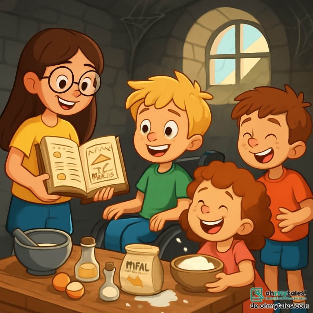 Es gibt 4 Kinder: Mia: ein 10-jähriges Mädchen mit langen braunen Haaren und runden Brillen. Sie trägt ein gelbes T-Shirt und eine blaue Shorts. Sie steht lächelnd mit einem alten Buch in den Händen. Ben: ein 9-jähriger Junge mit zerzausten blonden Haaren und einem großen Lächeln. Er sitzt im Rollstuhl, trägt ein grünes T-Shirt und Jeans. Er schaut neugierig auf das Buch. Lea: ein 8-jähriges Mädchen mit lockigen Haaren und einem rosa Kleid. Sie hockt neben dem Tisch, lacht und hält eine Schüssel mit Mehl. Max: ein 7-jähriger Junge mit braunen Haaren und Sommersprossen. Er steht etwas abseits und lacht, nachdem er ein Glas Wasser auf den Tisch gekippt hat. Der Ort der Handlung ist ein alter, dunkler und geheimnisvoller Keller mit steinernen Wänden, Spinnweben in den Ecken und Lichtstrahlen, die durch ein kleines Fenster fallen. In der Mitte steht ein großer Holztisch, der mit verschiedenen Kochzutaten bedeckt ist, und ein altes Buch ist offen, das ein Kuchenrezept zeigt. Die Hauptsituation der Geschichte zeigt die Kinder, die in der Keller einen geheimnisvollen Kuchen zubereiten, mit Lachen und fröhlichen Gesichtsausdrücken, während Ben interessiert das Buch betrachtet, Max mit dem Mehl spielt und Lea beim Lachen etwas Wasser spritzt.