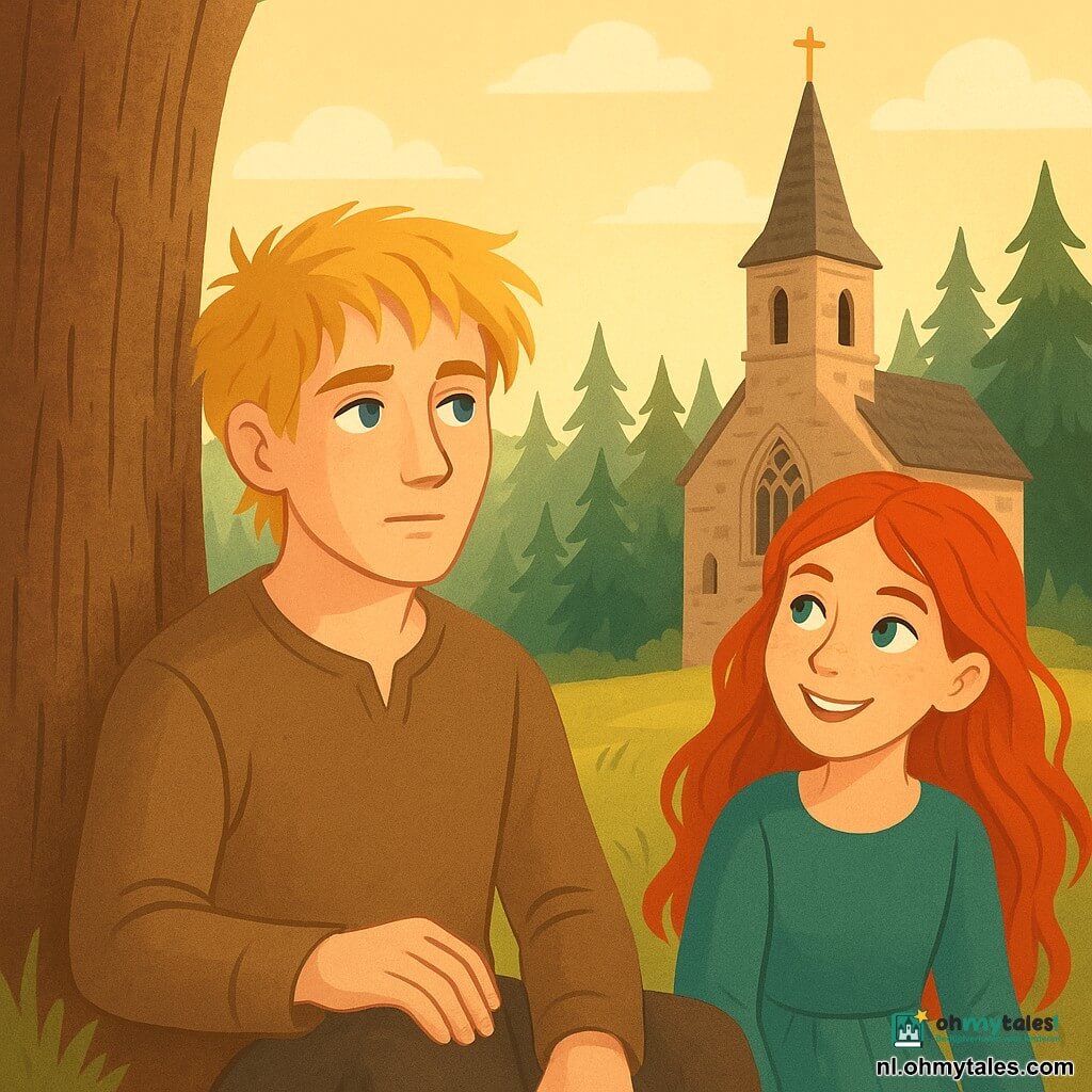 Een man genaamd Einar, met warrig blond haar en peinzende blauwe ogen, zit bij een oude en majestueuze kerk. Hij heeft een serene uitdrukking van contemplatie, zijn hand op de ruwe schors van de boom. Torhild, een 14-jarig meisje met stralend rood haar en ondeugende ogen, staat naast hem met een speelse glimlach, nieuwsgierig naar Einar kijkend. Op de achtergrond staat een dicht bos van groene sparren, verlicht door het gouden ochtendlicht dat door de takken filtert. De scène toont Einar die nadenkt over zijn plaats in de wereld, omringd door de noordelijke natuur, met een gevoel van vrede en verbondenheid met de aarde.