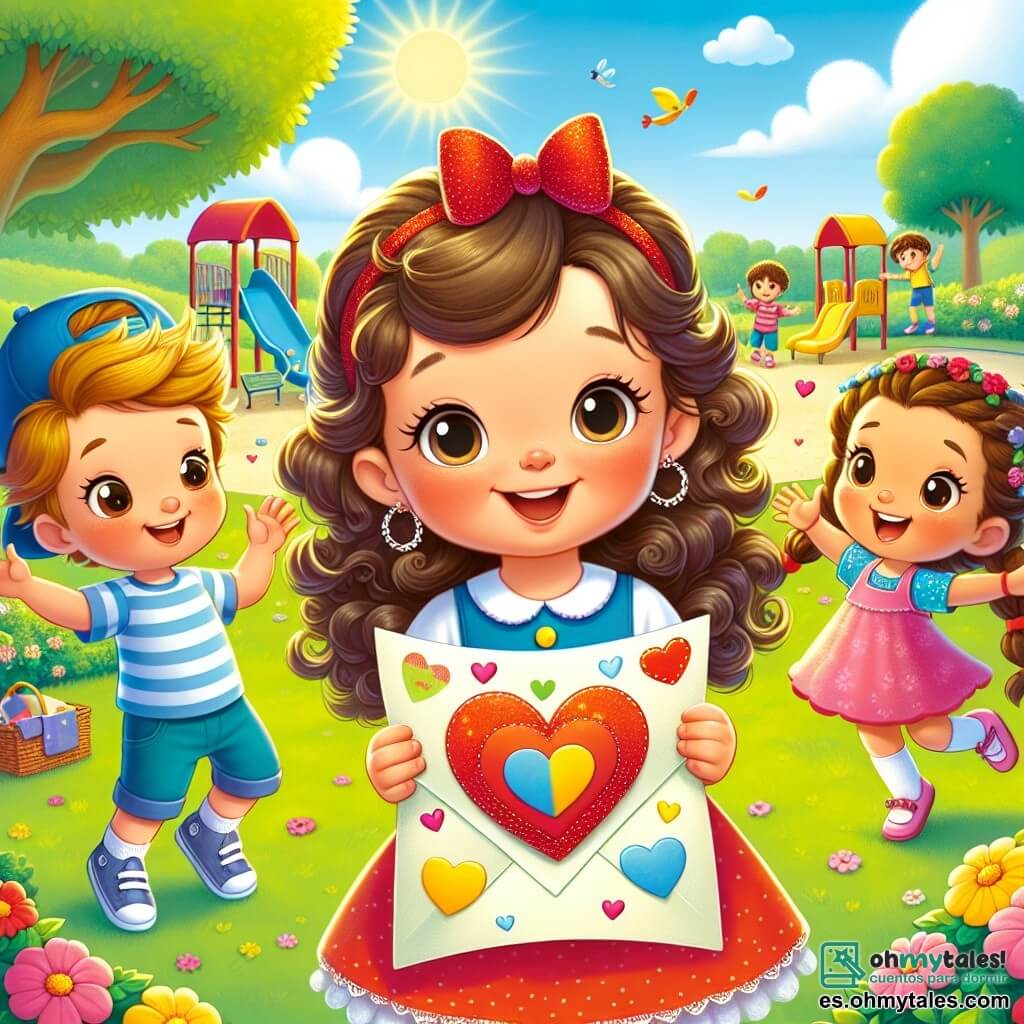 Una niña de 6 años, Clara, con cabello rizado y una diadema roja en forma de corazón, está de pie en el centro de la imagen, sonriendo y emocionada, sosteniendo una carta colorida en sus manos. A su derecha, su amigo Lucas, un niño de 6 años con cabello castaño y una gorra azul, mira la carta con curiosidad. A la izquierda, Sofía, otra niña de 6 años con trenzas y un vestido rosa, salta de alegría con los brazos en alto. El fondo es un parque soleado con un gran árbol verde, flores de colores en el césped y niños jugando a lo lejos. En primer plano, hay un tobogán colorido y columpios que añaden a la atmósfera alegre. Clara, Lucas y Sofía están preparando una sorpresa para su amigo Juan, quien llega listo para participar en una búsqueda del tesoro especial por el Día de San Valentín.