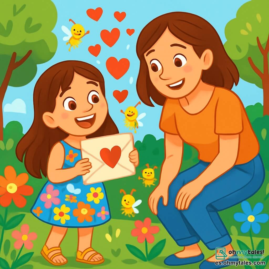 Una niña de 8 años, Lucía, con largos cabellos castaños y ojos brillantes de alegría, sonríe ampliamente mientras sostiene una carta mágica llena de corazones flotantes. Lleva un vestido colorido con estampados de flores y sandalias brillantes, y está en un jardín soleado. A su lado, su mamá, una mujer de unos 30 años con cabello castaño y una sonrisa cálida, mira la carta con ojos emocionados. Lleva una blusa ligera y pantalones de mezclilla, inclinándose ligeramente hacia Lucía, compartiendo este momento de ternura. El jardín está lleno de flores vibrantes, árboles con hojas verdes y Bichitos de la Alegría, pequeñas criaturas luminosas que bailan a su alrededor, añadiendo un toque de magia a la escena. La situación principal muestra a Lucía y su mamá celebrando el Día de las Madres, rodeadas de risas y corazones flotantes, creando una atmósfera alegre y cálida, llena de amor y felicidad compartida.