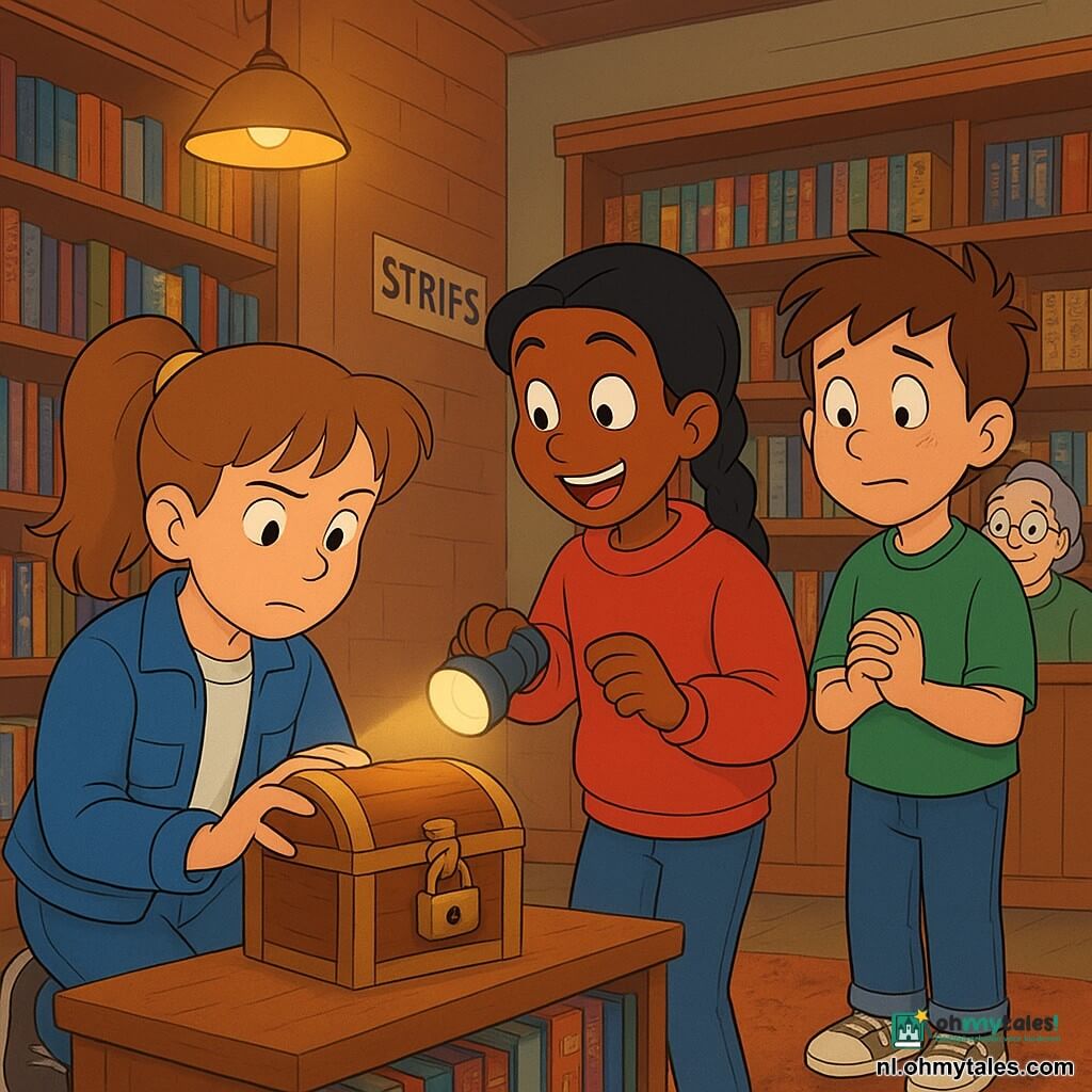Een 10‑jarige Nova, kalm en geconcentreerd, op één knie achter een boekenplank met lichtbruin paardenstaarthaar, blauwe jas en jeans, houdt voorzichtig een klein houten doosje met een glimmend koperen slot; naast haar staat de energieke, glimlachende 10‑jarige Aïsha met donkere vlecht en rode trui die met een zaklamp op het doosje schijnt; op een stap afstand achter de meisjes staat de ongeveer 11‑jarige Tim verlegen maar opgelucht met samengevouwen handen; Mevrouw Borsboom, een vriendelijke vrouw van circa 65, staat bij de balie met ronde bril en groene trui en een zachte glimlach; locatie: een gezellige bibliotheek met gelakte houten planken vol kleurrijke strips onder een affiche “STRIPS”, versleten tapijt en stofdeeltjes in warm lamplicht; hoofdgebeuren: een teder, rustig ontdekkingstijdstip waarbij het houten doosje uit een smalle ruimte achter de plank is getrokken, met resten plakband en een klein label “SPEEL RUSTIG”, in een geruststellende sfeer met zachte kleuren en ronde contouren à la jaren 90‑tekenfilm.