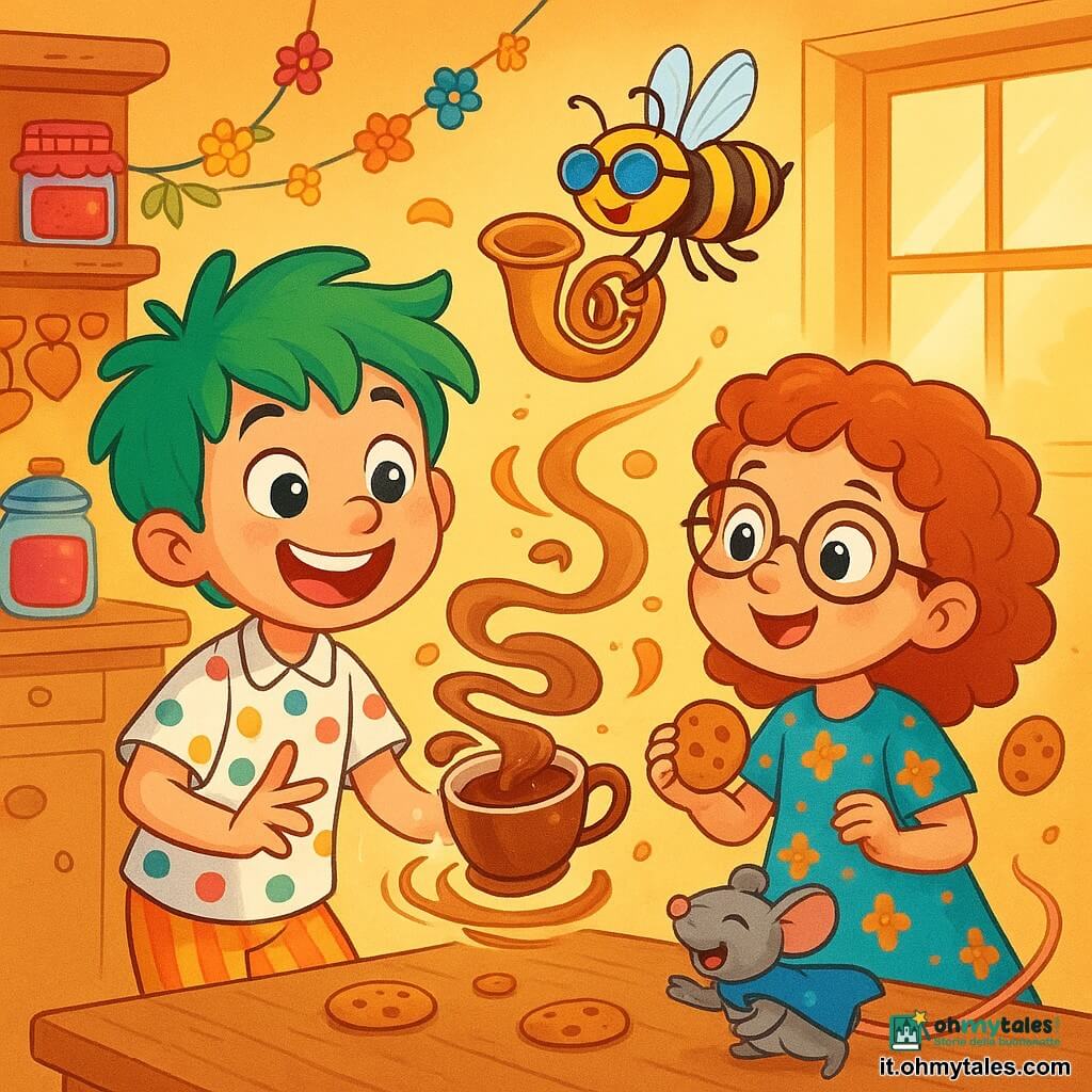 Zubù, un ragazzino dai capelli verdi brillanti come l'erba fresca, è seduto a un tavolo di legno, con gli occhi scintillanti di malizia e un grande sorriso sul viso. Indossa una camicia a pois colorati e pantaloni a righe, mentre una tazza di cioccolata calda gira intorno a lui come un piccolo tornado. Accanto a lui, Lilla, una bambina dai capelli ricci e occhiali tondi, guarda con meraviglia, le guance arrossate dall'eccitazione. Indossa un vestito a fiori e tiene un biscotto che sembra fluttuare nell'aria. Sullo sfondo, Ronzio, un'ape con un tubo e occhiali da sole, vola gioiosamente, mentre Piumino, un piccolo topo magico con un mantello scintillante, si trova sul tavolo, ridendo a crepapelle. La scena si svolge in una cucina colorata, piena di barattoli di marmellata brillanti, biscotti che danzano e ghirlande di fiori appese ai muri. La luce del mattino filtra attraverso una finestra, illuminando la stanza con una dolce luce dorata. Zubù cerca di controllare la magia del suo spuntino, mentre i biscotti e il cioccolato volano gioiosamente intorno a lui, creando uno spettacolo esilarante e incantato.