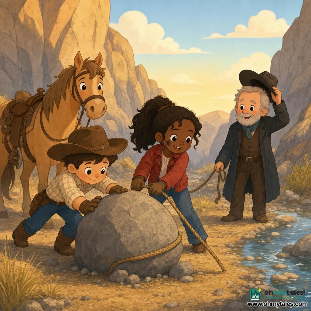 Jack, a young cowboy with a round face, bright eyes and an oversized brown hat, pushes a large boulder; Sarah, about 14 with a brown ponytail, soot on her cheek and a red jacket, pulls a rope tied to the rock beside him; Mr. Harris, an elderly man with a short gray beard, stands by a small stream holding his horse's reins and watching gratefully; Dusty, a light brown horse with a messy mane, stands behind Jack, impatient but calm; setting: a narrow rocky pass with a dusty trail, tufts of yellow grass and golden early-evening light; scene: a warm, cooperative moment as Jack and Sarah move the boulder to clear the path, dust flying, strained muscles and reassuring smiles.