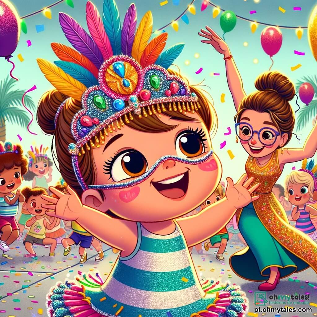 Uma garotinha de 2 anos, Luna, com grandes olhos brilhantes e bochechas rosadas, usa um chapéu colorido adornado com penas e brilhos. Ela dança alegremente, com os braços levantados e um grande sorriso iluminando seu rosto. Ao lado dela, uma professora sorridente, com cerca de 30 anos e cabelos castanhos presos em um coque, veste uma fantasia de carnaval colorida e incentiva Luna a dançar. O cenário é um pátio escolar festivo, cheio de balões coloridos, guirlandas cintilantes e confetes flutuando no ar. Crianças riem e dançam ao redor, criando uma atmosfera alegre e animada. A cena principal mostra Luna, cheia de energia e felicidade, dançando entusiasticamente no meio de seus amigos, procurando sua mãe enquanto se diverte neste carnaval vibrante.