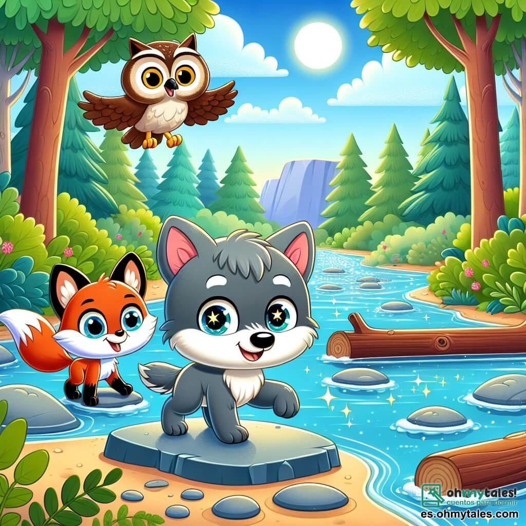 Un pequeño lobo llamado Lupo, con un suave pelaje gris y ojos redondos y brillantes como estrellas, se encuentra sobre una piedra al borde de un gran río. Se ve decidido y alegre, con una sonrisa radiante en su rostro. A su lado, la zorra Roja, con su pelaje llamativo y su cola esponjosa, lo anima saltando con entusiasmo. Un búho sabio, con plumas marrones y grandes ojos amarillos, vuela sobre ellos, observando la escena con benevolencia. El paisaje es un hermoso bosque verde, con altos árboles de hojas brillantes y un cielo azul salpicado de nubes blancas. Lupo, listo para cruzar el río, mira las piedras y troncos flotantes que forman un camino, mientras el agua brilla bajo el sol.