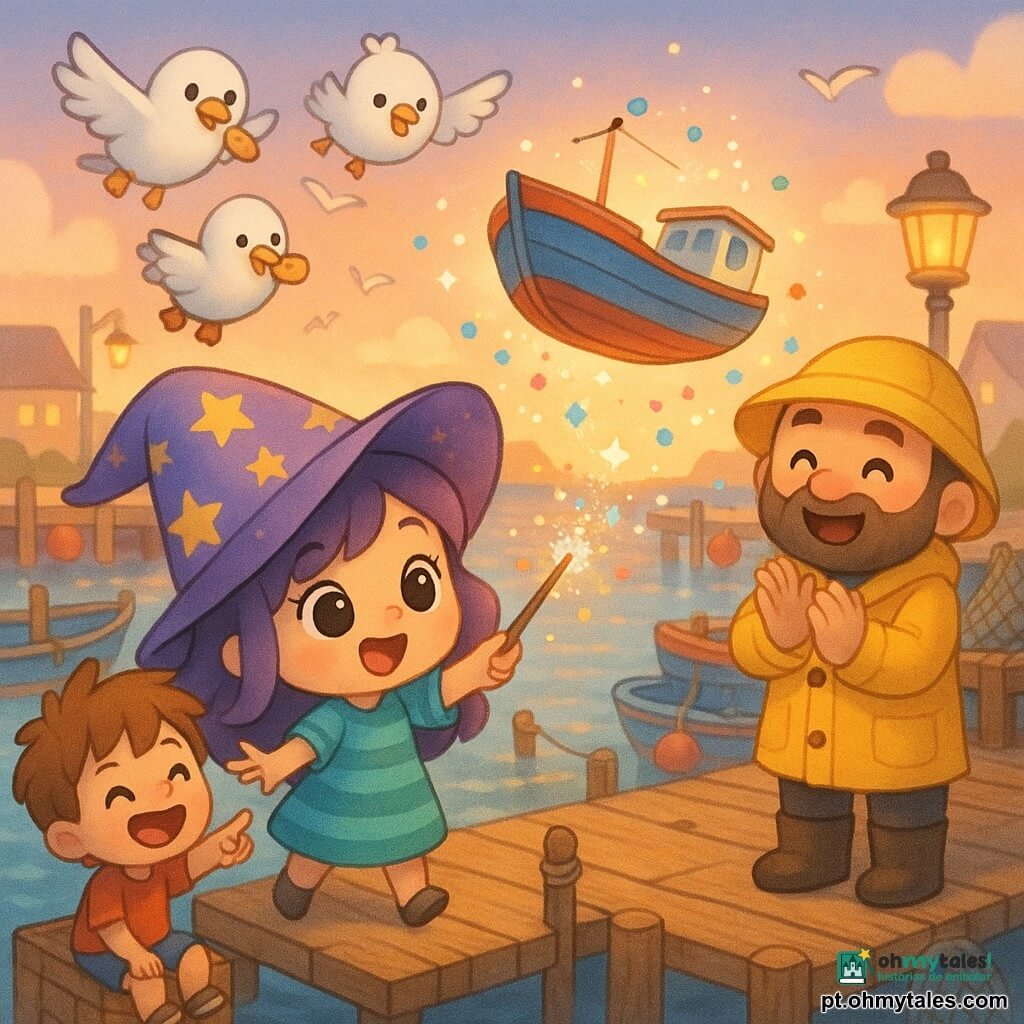 A bruxinha Malu, menina pequena e alegre, rosto redondo e olhos brilhantes, usa um grande chapéu pontudo roxo com estrelas, um vestido listrado azul-esverdeado e segura uma varinha que lança confetes cintilantes; ela sorri maliciosamente e faz um gesto mágico para um barco. Um pescador de cerca de 40 anos, barbudo, com casaco cirê amarelo, está no cais à direita aplaudindo surpreso e feliz. Um menino de 6 anos, cabelo bagunçado, camiseta vermelha, está sentado numa caixa no cais à esquerda apontando o barco e rindo maravilhado. Três gaivotas brancas e rechonchudas voam acima, cada uma segurando um biscoito. Numa marina colorida ao pôr do sol, com cais de madeira gasto, barcos azuis, vermelhos e amarelos, boias e redes, um pequeno barco-vassoura flutua e gira suavemente no ar sobre a água rodeado de confetes enquanto Malu concentra sua magia para pousá-lo, num ambiente terno, lúdico e luminoso.