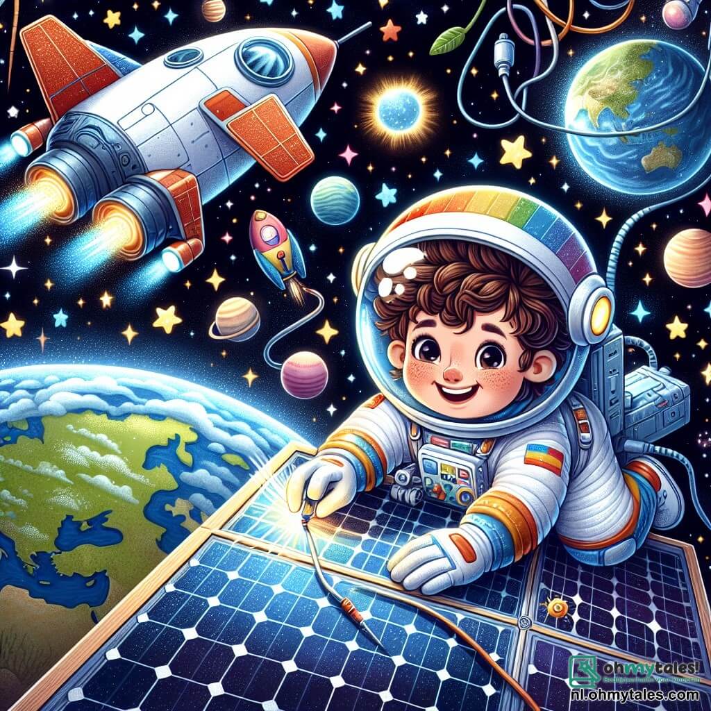 Een mannelijke astronaut, Max, zweeft in de ruimte, gekleed in een witte ruimtepak met kleurrijke details, met een grote glimlach die vreugde en opwinding uitdrukt. Zijn bruine haar is zichtbaar onder zijn doorzichtige helm, en hij is bezig met het repareren van een zonnepaneel dat glinstert in het zonlicht. Dichtbij kijkt een klein meisje van ongeveer 8 jaar met krullend blond haar naar Max met verwonderde ogen. Ze draagt een roze ruimtepak en staat in de cabine van de shuttle, terwijl ze de ruimte door een raam observeert. De achtergrond is een sterrenhemel met kleurrijke planeten en fonkelende sterren, terwijl de aarde majestueus en blauw onderaan verschijnt. De ruimteshuttle bevindt zich in een baan, omringd door de uitgestrektheid van het universum. De belangrijkste situatie toont Max die het zonnepaneel repareert, terwijl het meisje hem vanuit de shuttle aanmoedigt, wat een sfeer van avontuur en ontdekking in de uitgestrektheid van de ruimte creëert.