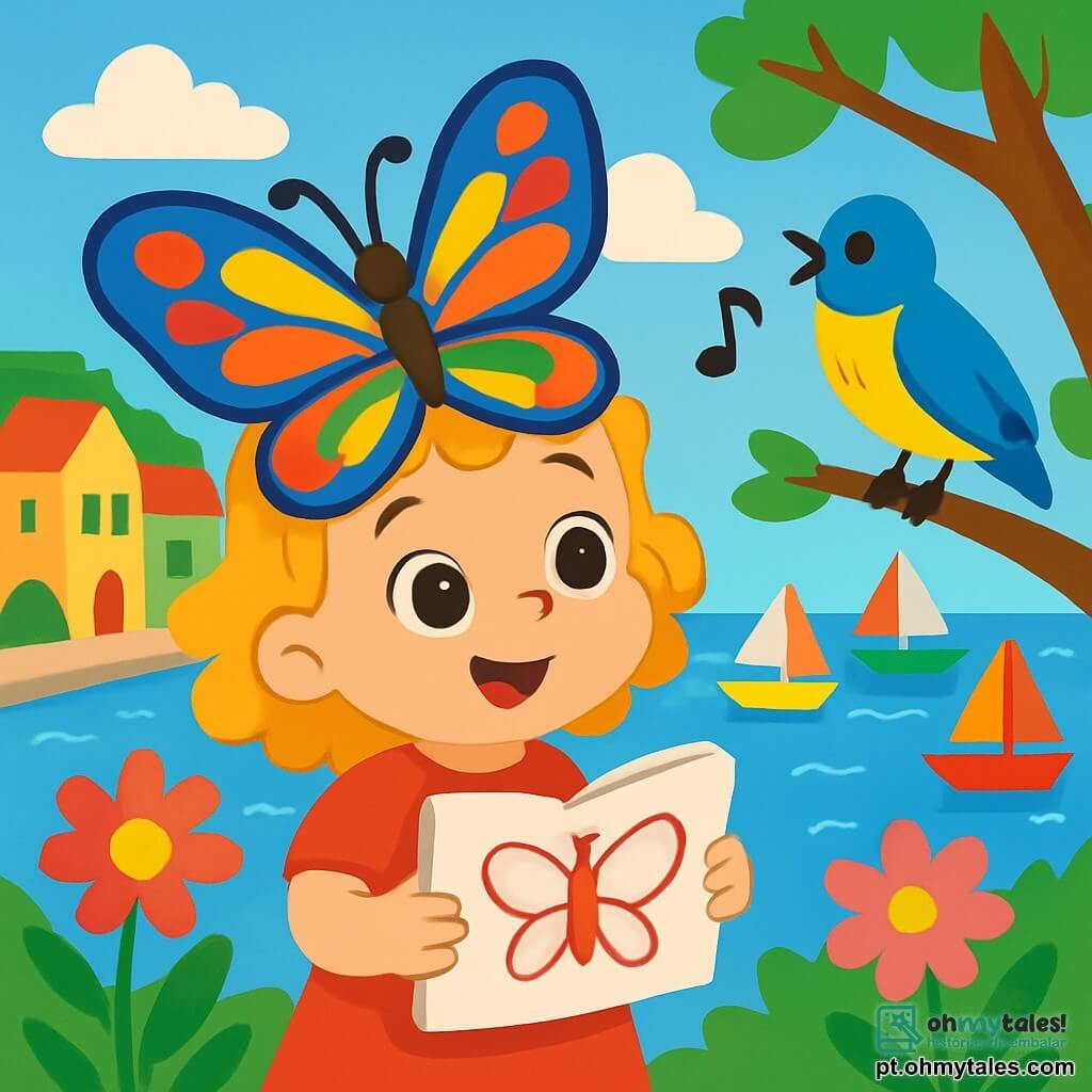 Uma menina de 2 anos, Clarinha, com grandes olhos brilhantes e cabelos cacheados dourados, usa um chapéu de borboleta multicolorido. Ela sorri maravilhada, segurando um álbum de desenhos em suas pequenas mãos. Ao lado dela, um pássaro de penas vibrantes, azul e amarelo, canta alegremente, empoleirado em um galho de árvore. O cenário é um porto mágico, com barcos coloridos flutuando em um mar cintilante, cercado por casas de fachadas pastel e flores vibrantes. O céu é de um azul radiante, salpicado de nuvens em forma de doces. A situação principal mostra Clarinha ouvindo atentamente o pássaro, intrigada por uma melodia estranha, pronta para seguir sua aventura em busca do famoso selo mágico.