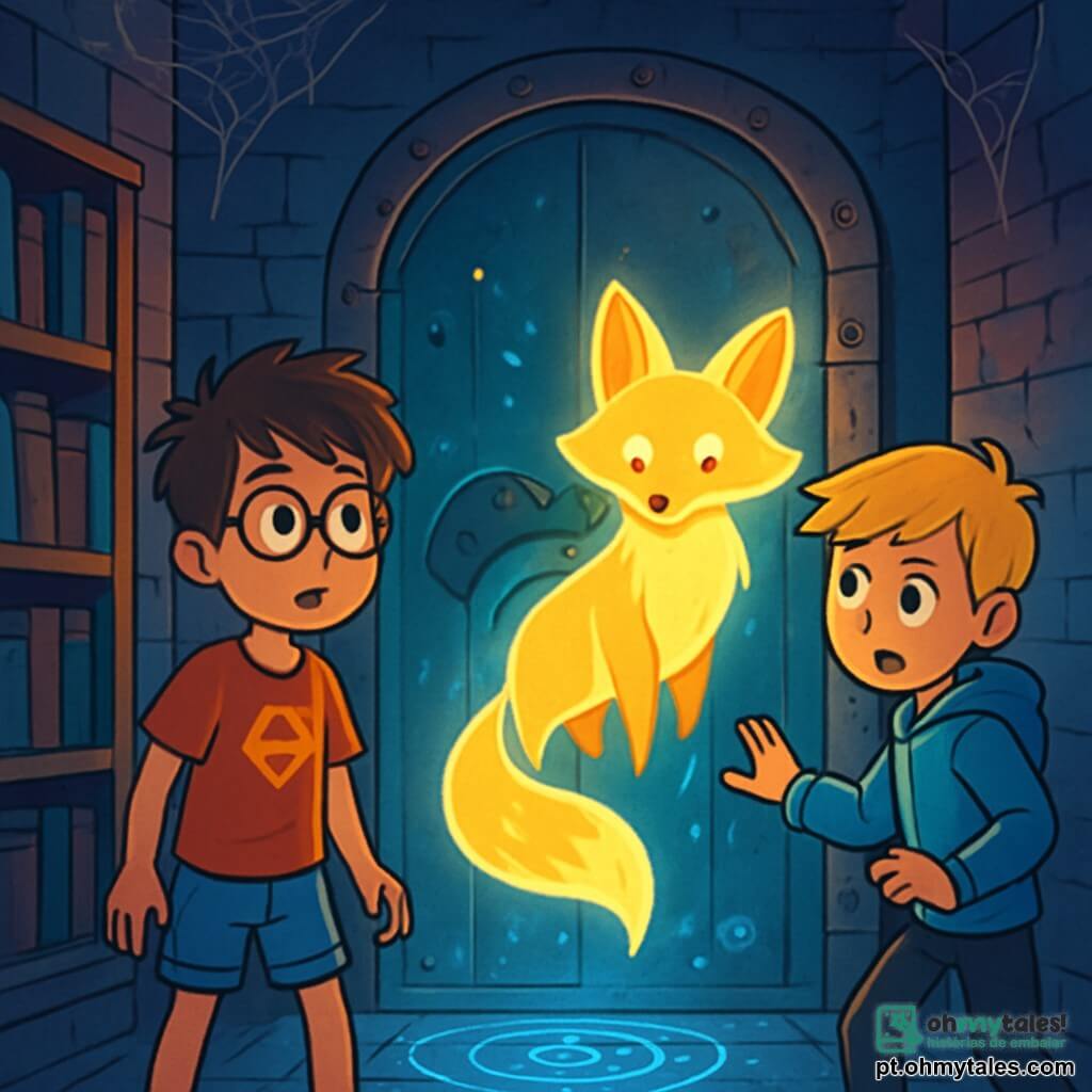 Há 2 personagens principais: Lucas, um garoto de 10 anos com cabelos castanhos bagunçados e óculos redondos, vestindo uma camiseta vermelha com um logo de super-herói e um short de jeans, está à esquerda, olhando com curiosidade para a porta misteriosa; e Rafael, também de 10 anos, com cabelos loiros e sardas no rosto, vestindo um moletom azul e calças pretas, está à direita, um pouco à frente, pronto para empurrar a porta com um ar determinado. A cena se passa em um velho corredor escuro, com paredes de tijolos desgastados e prateleiras cheias de livros empoeirados. Uma porta de ferro enferrujada se ergue ao fundo, cercada por uma luz azulada que ilumina o chão com símbolos misteriosos. Teias de aranha pendem dos cantos, e o ar está carregado de um perfume de aventura e magia. A situação principal da história mostra Lucas e Rafael descobrindo a porta mágica que leva à Cidade Oculta, com a raposa luminosa aparecendo diante deles, iluminando o corredor com sua luz brilhante. Os dois garotos, fascinados e um pouco assustados, estão prontos para entrar em um mundo cheio de criaturas fantásticas e mistérios a serem resolvidos.
