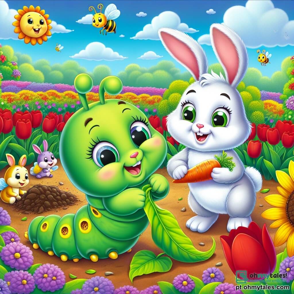 Uma lagarta verde chamada Lila, com grandes olhos brilhantes e um sorriso alegre, está no centro de um jardim colorido, cercada por flores vibrantes. Ela puxa uma folha morta com suas pequenas patas, demonstrando seu entusiasmo pela primavera. Ao lado dela, um coelho de grandes orelhas, chamado Pipo, com pelagem branca e olhos cintilantes, salta de alegria segurando uma cenoura, pronto para ajudar Lila. O jardim é um verdadeiro quadro de primavera, repleto de flores coloridas, como tulipas vermelhas, girassóis amarelos e violetas roxas, sob um céu azul brilhante. Abelhas zumbem ao redor das flores, trazendo vida à cena. A situação principal mostra Lila e Pipo preparando o jardim para a estação, limpando folhas e plantando sementes, enquanto riem e se divertem, celebrando a chegada da bela estação.
