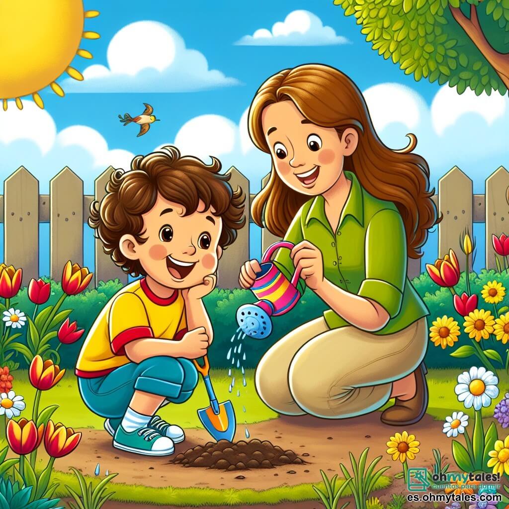 Un niño de 4 años, llamado Pablo, con cabello castaño y rizado, sonríe mientras está agachado en un jardín soleado, sosteniendo una pequeña pala de colores. Lleva una camiseta amarilla brillante y un pantalón corto azul, y parece muy emocionado, con los ojos brillando de alegría mientras planta semillas de flores en la tierra. A su lado, su mamá, una mujer de unos 30 años con cabello largo y castaño, vestida con una blusa verde y pantalones beige, lo observa con una sonrisa tierna. Ella le muestra cómo regar las semillas con una pequeña regadera rosa. El jardín está lleno de flores coloridas, y en el fondo hay un cielo azul claro con algunas nubes blancas, mientras los pájaros cantan en los árboles. La escena muestra a Pablo y su mamá plantando flores juntos, compartiendo un momento de complicidad y felicidad en la belleza de la primavera.