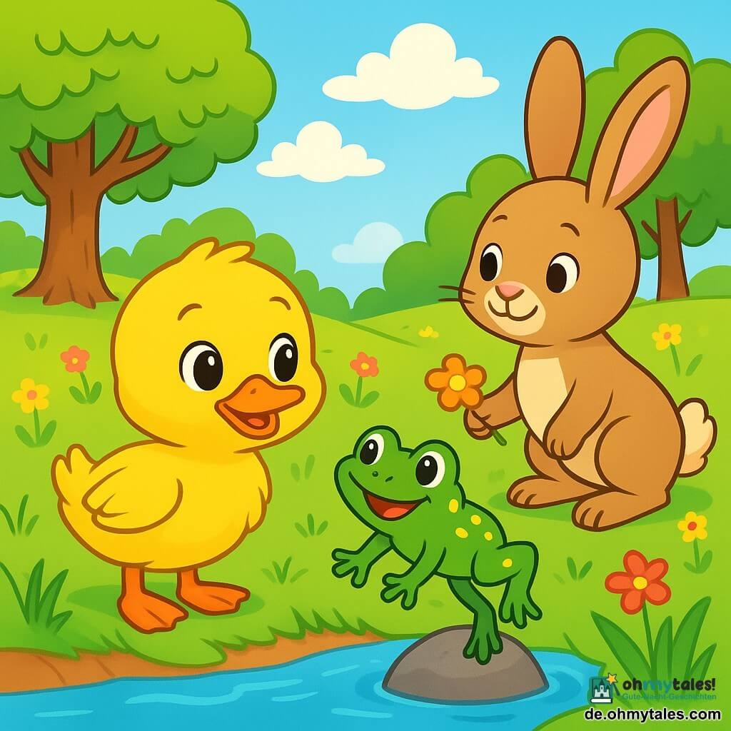 Ein kleiner, lebhaft gelber Erpel namens Quell steht am Ufer eines Baches, seine leuchtenden Augen voller Hoffnung und Aufregung. Sein weiches, flauschiges Gefieder und seine neugierigen Blicke um ihn herum sind auffällig. Neben ihm hüpft ein zappeliges kleines grünes Fröschlein mit gelben Flecken fröhlich auf einem Stein, seine Augen funkeln vor Schalk. Ein wenig weiter nähert sich eine elegante Häsin mit großen Ohren und hellbraunem Fell, die freundlich lächelt und eine kleine Blume in ihrer Pfote hält. Die Szenerie zeigt eine wunderschöne Frühlingslandschaft mit leuchtend grünen Blättern an den Bäumen, bunten Blumen, die im Wind tanzen, und einem blauen Himmel, der mit flauschigen weißen Wolken gesprenkelt ist. Im Mittelpunkt steht Quell, der mit seinen neuen Freunden spricht, die alle den Wunsch teilen, einen sicheren und warmen Ort zum gemeinsamen Leben zu finden.