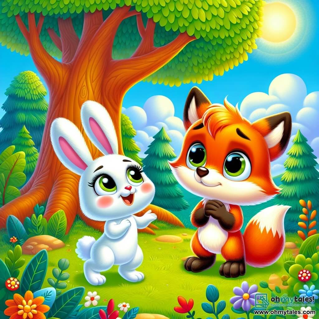 A small orange fox named Felix, with big round eyes and shiny fur, stands under a large green tree, displaying an expression of curiosity mixed with apprehension. His fluffy tail is slightly raised, indicating he is both anxious and ready to explore. Next to him, a small white rabbit named Ruby, with large upright ears and an encouraging smile, happily hops around. She has rosy cheeks and sparkling eyes, standing close to Felix, offering her support. The setting is a sunny forest, with majestic trees boasting vibrant leaves, colorful flowers scattered on the ground, and a clear blue sky dotted with fluffy white clouds. The main scene shows Felix taking a deep breath with his eyes closed, while Ruby encourages him to overcome his fear of the friendly approaching dog.