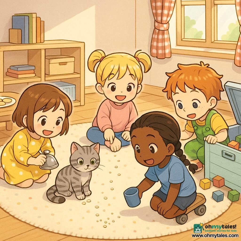There are five characters: four children—Mia, 5, short brown hair, yellow polka-dot dress, crouched left of the rug holding a small shiny metal bell; Lola, 4, blonde pigtails, pink sweater, seated center of the rug smiling and pointing at crumbs; Nia, 5, dark-skinned, black braid, blue t‑shirt, right of the rug leaning forward with a blue cup; Zuzu, boy, 5, red hair, in a small rolling chair wearing green overalls, rolled toward the toy chest with his hand on its lid—and one animal, Pudding, a small grey tabby cat with round green eyes, behind the toy chest looking forward with a small crumb on its paw. The bright warm playroom has a cream polka-dot round rug, light wood coffee table with a white plate holding five crackers, an open blue-painted pine toy chest with colorful blocks spilling out, low shelves and a window with red-check curtains letting in soft light. The children are investigating a missing cracker, following a trail of small white crumbs from the rug to the toy chest, looking curious and smiling.