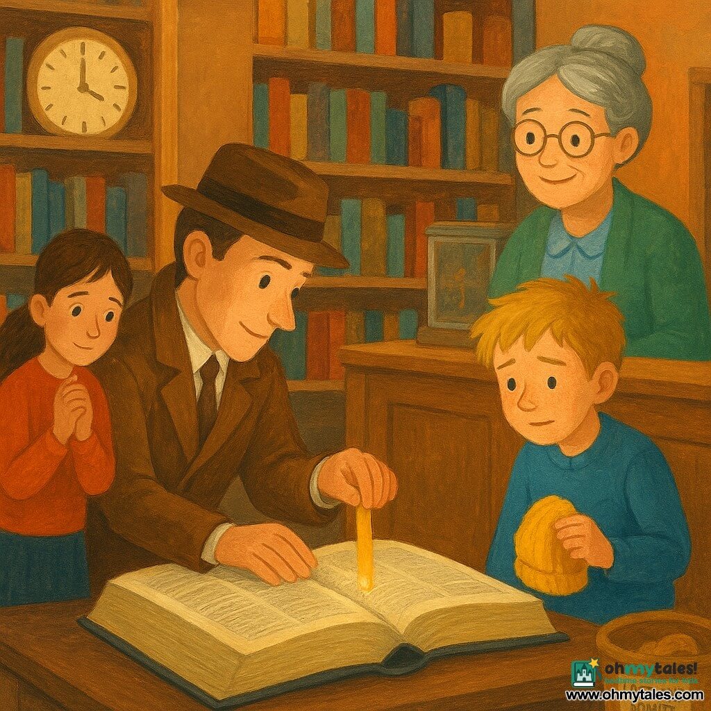 A slim-faced detective with short chestnut hair, a small hat and brown coat kneels by a large table and opens a huge dictionary to reveal a small gleaming gold bookmark; Nora, about 12, brown hair in a ponytail, shy with slightly bright eyes, stands left of him with clenched hands looking relieved; Toby, about 9, tousled blond hair holding a yellow beanie, stands right with a guilty-turned-relieved expression and slightly hunched posture; Mrs. Penny, a gentle 50-year-old bookseller with gray hair in a bun and round glasses, smiles relieved behind the table near the glass display where the bookmark had been; the warm small library has wooden shelves of colorful books, a glass display with a small lock, an old wall clock, a lost-and-found basket showing the yellow beanie, and a soft angled light revealing gouache textures as the intimate moment of the bookmark’s discovery unfolds in a reassuring, curious atmosphere.