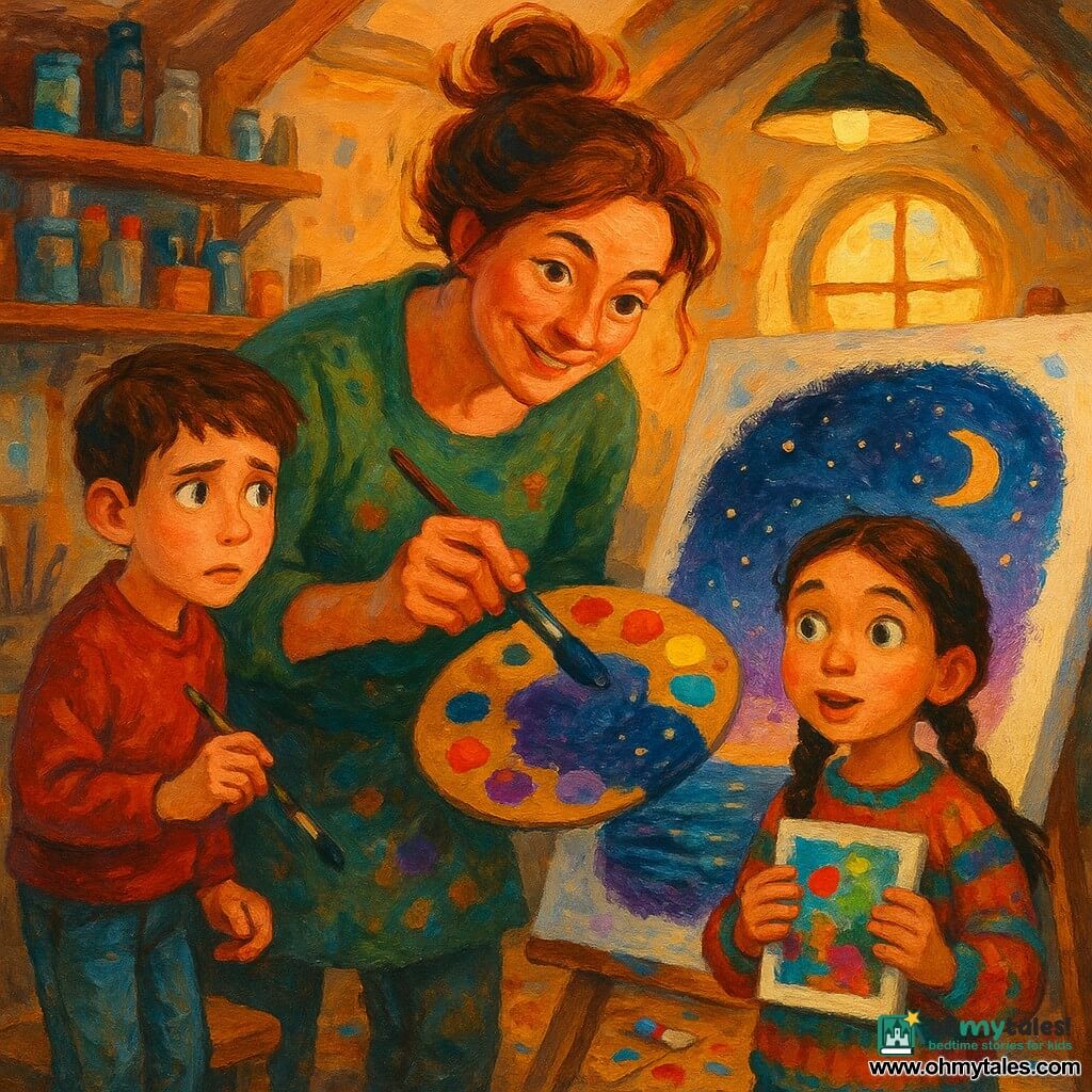 A woman artist in her forties with chestnut hair in a messy bun, a gentle concentrated smiling face and bright eyes holds a paint-stained palette and brush, leaning over a large canvas turning a purple blot into a starry night sky; to her left Leo (about 11), short brown hair, worried-curious, holds a small brush and watches from a stool, and to her right Mina (about 10) with braids and a colorful sweater, eyes wide, clutches her own small painting, ready to join in; the attic studio has sloped ceilings, a round window with golden evening light, wooden shelves of brushes and squeezed paint tubes, splattered wooden floors and a hanging lamp casting a warm halo; the lesson focuses on color mixing—blue, red and yellow on the palette, watercolor drops becoming greens and purples—and the canvas shows thick acrylic textures, strong dark contrasts and bright highlights over a shimmering sea beneath the starry sky.