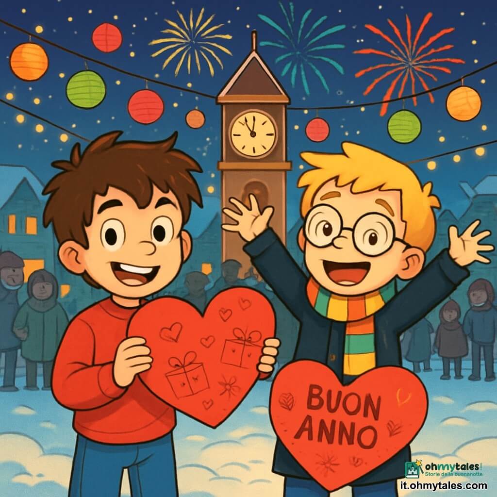 Ci sono 2 personaggi principali: Marco, un ragazzo di 10 anni con capelli castani disordinati e occhi vivaci, indossa un maglione rosso vivo e jeans blu, ed è in piedi a sinistra con un grande cuore di carta rossa, sorridendo con orgoglio. Luca, un ragazzo di 10 anni con capelli biondi e occhiali rotondi, indossa una sciarpa colorata e un cappotto nero, si trova a destra di Marco, con le braccia alzate in segno di gioia, pronto a festeggiare il nuovo anno. La scena si svolge in una piazza di villaggio incantevole, illuminata da luci scintillanti, con lanterne colorate nell'aria e un grande orologio di legno al centro che segna l'avvicinarsi della mezzanotte. La neve copre il suolo, creando un tappeto bianco, mentre famiglie e amici si radunano attorno a un grande cuore di carta decorato con disegni e messaggi di auguri. Marco e Luca, circondati da risate ed eccitazione, tengono il loro cuore gigante al centro della piazza, mentre i fuochi d'artificio esplodono nel cielo notturno, illuminando i loro volti felici e pieni di attesa per il nuovo anno.
