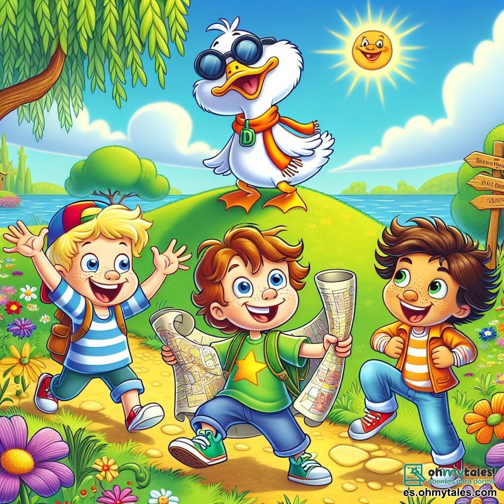 En un parque soleado, cuatro amigos se reúnen para una aventura mágica. Max, un niño de siete años con cabello castaño revuelto y una gran sonrisa, está en el centro, sosteniendo un viejo rollo de mapa sobre su cabeza, con los ojos brillantes de emoción. Bruno, un niño de siete años con una gorra colorida y pecas, baila alegremente a su derecha, haciendo movimientos cómicos con los brazos extendidos. A la izquierda de Max, Leo, un niño de siete años con cabello rubio, sonríe con determinación, con una mano sobre su corazón, mientras observa al Pato Danzarín, un divertido pato con gafas de sol, que se encuentra orgullosamente en una pequeña colina. El parque está lleno de flores brillantes, grandes árboles y un cielo azul con nubes esponjosas. En la distancia, se ve una colina verde con un pequeño arbusto, donde el pato excéntrico parece bailar alegremente. Los niños están bailando alrededor del Pato Danzarín, celebrando su descubrimiento de un tesoro escondido, un cofre lleno de caramelos de colores que brillan bajo el sol.