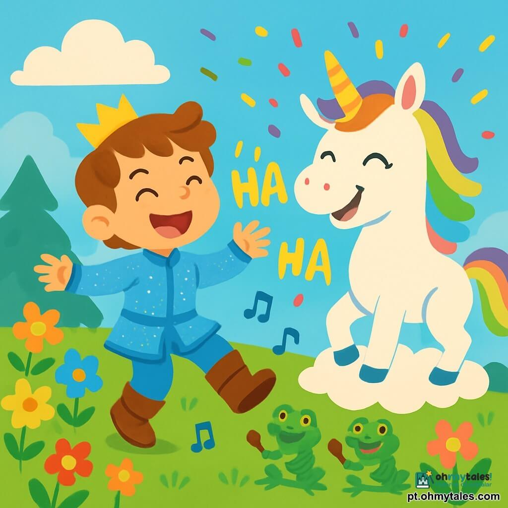 Um príncipe chamado Pipo, com cerca de 8 anos, usa um casaco azul-claro cintilante e botas que fazem "toc, toc". Ele tem um grande sorriso alegre e olhos brilhantes de travessura. Ele dança na grama macia, cercado por flores coloridas que parecem tocar música. Ao seu lado está Brilhinha, uma unicórnio majestosa, branca como leite, com uma crina em arco-íris. Ela parece divertida e seus olhos brilham de felicidade. Ela está em uma pequena nuvem de algodão, pronta para rir. O cenário é um prado encantado, repleto de flores vibrantes, nuvens fofas flutuando em um céu azul claro e sapos tocando música com colheres. A cena principal mostra Pipo e Brilhinha rindo juntos, cercados por nuvens de risadas e confetes coloridos caindo do céu, criando uma atmosfera alegre e mágica.