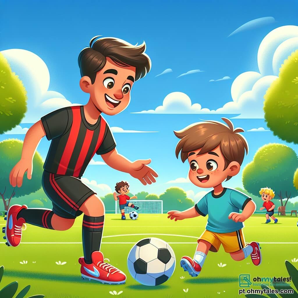 Um jovem, João, está no centro da imagem, sorrindo com olhos brilhantes de alegria. Ele usa uma camisa de futebol vermelha e preta, com um short combinado, e tênis brilhantes. Ele está mostrando a um garoto, Pedro, como chutar bem uma bola de futebol. Pedro, um menino de cerca de 8 anos, tem cabelos castanhos bagunçados e veste uma camiseta azul e um short amarelo. Ele está concentrado, com os olhos fixos na bola, pronto para chutar. O cenário é um lindo parque verde, com um céu azul claro e nuvens brancas fofas. Árvores majestosas cercam o campo, e outras crianças brincam ao longe, rindo e se divertindo. A cena principal mostra João passando a bola para Pedro, que se prepara para chutar, simbolizando a amizade e o aprendizado no futebol.