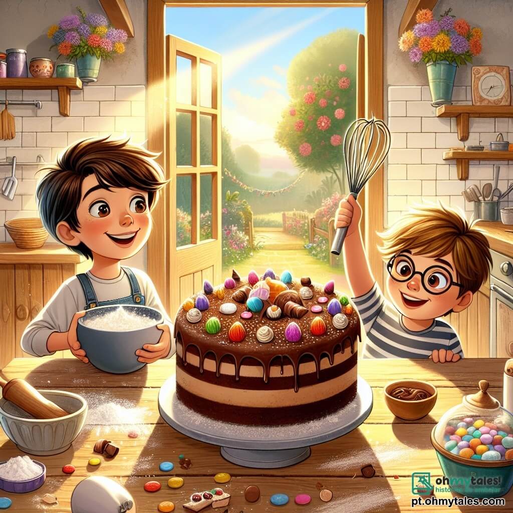 Em uma cozinha acolhedora e ensolarada, Miguel, um garoto de nove anos com cabelos castanhos e olhos brilhantes, está à esquerda, sorrindo entusiasticamente enquanto segura uma grande tigela de massa de bolo. À sua direita, seu amigo Pedro, um garoto de nove anos com cabelos loiros e óculos redondos, observa com os olhos arregalados, segurando um batedor em uma mão e uma colher de madeira na outra. No centro, uma mesa de madeira rústica está coberta de farinha espalhada e decorações coloridas, com um grande bolo de chocolate decorado com doces e brilhos. Ao fundo, uma janela aberta deixa entrar a luz do sol, iluminando vasos de flores coloridas no parapeito. A cena mostra os dois garotos preparando uma surpresa para o Dia das Mães, cheios de alegria e empolgação, criando um momento mágico de cumplicidade e criatividade.