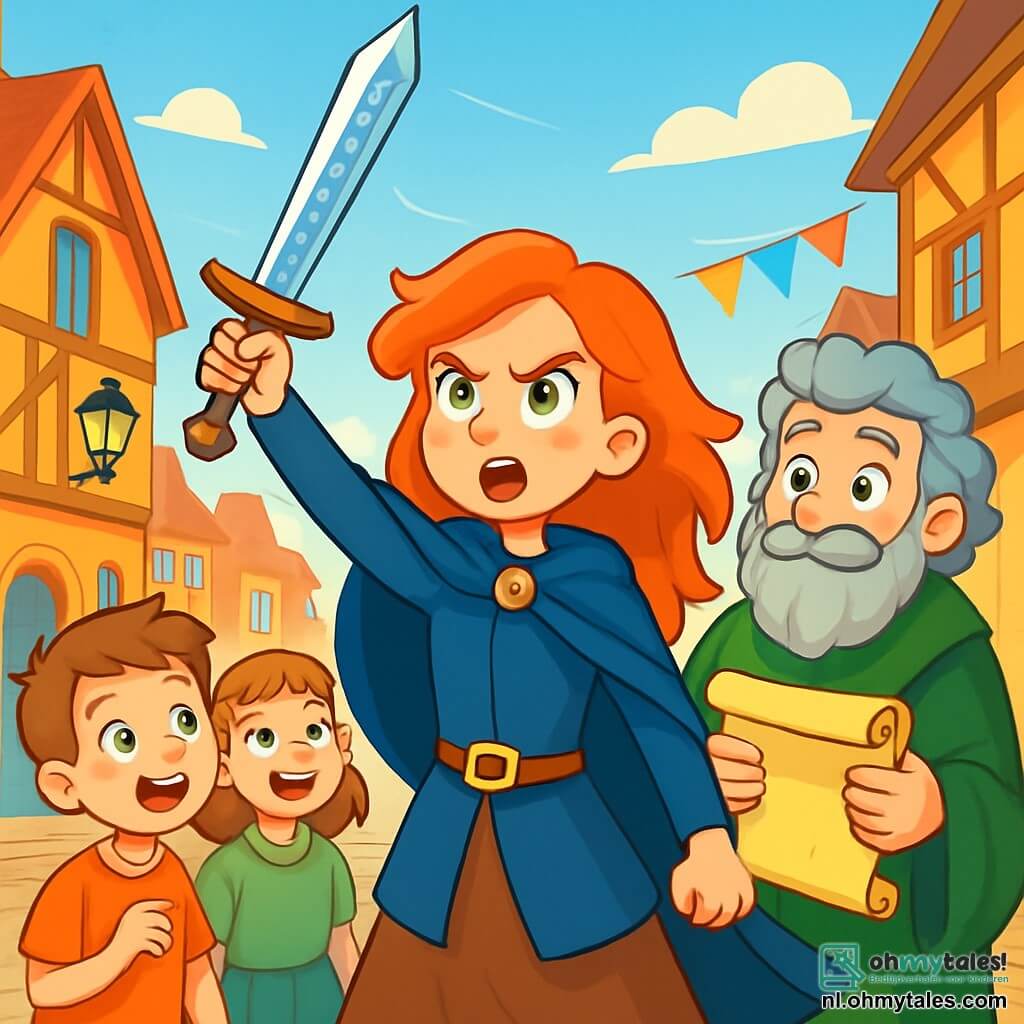 Mira, een jonge vrouw met vurig haar en sprankelende smaragdgroene ogen vol vastberadenheid, staat in het midden van een drukke plein, haar met glinsterende runen versierde zwaard omhoog houdend. Haar gezicht toont intense concentratie, terwijl een lichte bries haar nachtblauwe mantel doet wapperen. Naast haar staat een oude wijze, een man met grijs haar en een volle baard, die aandachtig observeert, zijn ogen stralend van wijsheid en nieuwsgierigheid. Hij draagt een groene fluwelen robe en houdt een oud perkament in zijn handen, klaar om zijn kennis te delen. Op de achtergrond dringt een groep kinderen met lachende en nieuwsgierige gezichten zich om hen heen, aandachtig luisterend naar elk woord van Mira, hun ogen wijd open van verwondering. De scène speelt zich af op een geplaveid plein, omringd door middeleeuwse huizen met kleurrijke gevels, met hangende lantaarns die de plek zachtjes verlichten. Vlaggen wapperen in de wind, wat een vleugje magie aan de sfeer toevoegt. Mira, vastbesloten om de koninkrijken te verenigen, richt zich tot de menigte, haar stem sterk en helder, oproepend tot moed en eenheid tegenover de dreiging van de naderende schaduwen.