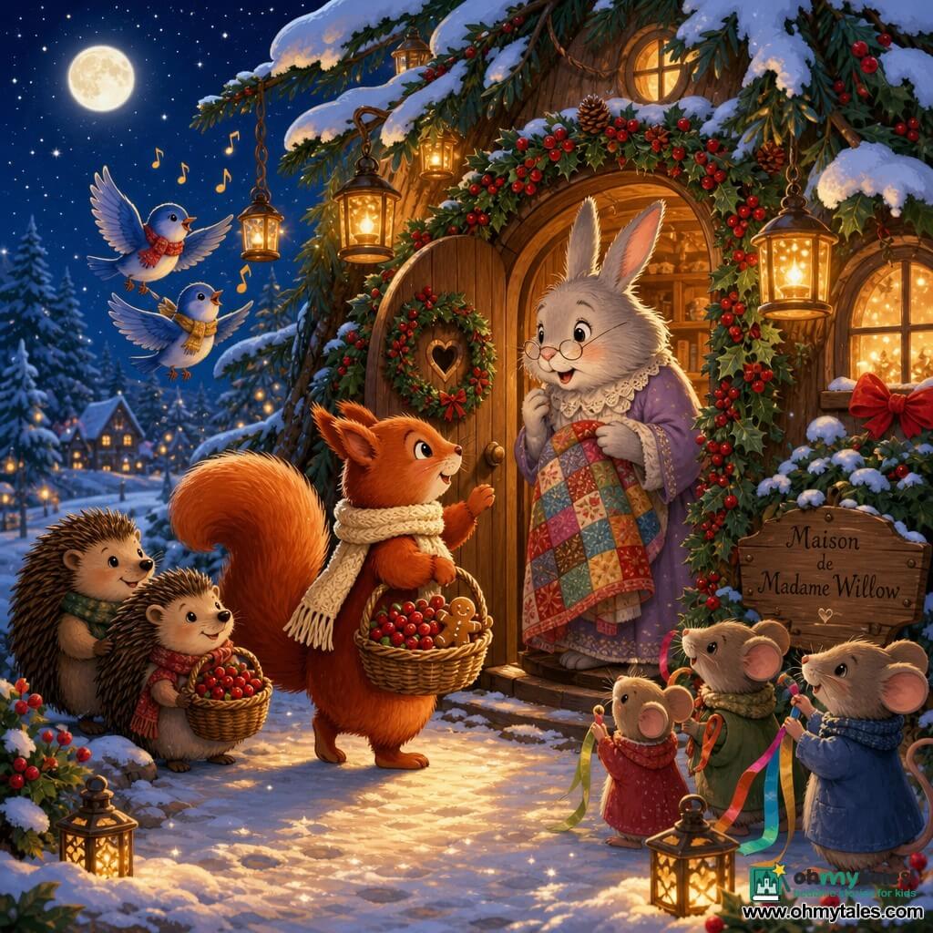 Hazel, a small red squirrel with soft fur and a bushy tail, cheerful and determined in a chunky cream wool scarf, holds a basket of red berries and tiny gingerbreads as she gently knocks on a cottage door; Madame Willow, an elderly silver-gray rabbit with gentle eyes, stands moved in the lit doorway holding a patchwork blanket while friends gather: two blue birds singing near lanterns, two hedgehogs with a berry basket smiling shyly to the left, and mice holding colorful ribbons to the right, all facing the door; the wooden cottage sits beneath a large snow-topped fir on a glittering snowy path, hung lanterns and holly garlands, warm golden light spilling from the windows under a clear moonlit sky; the scene is an intimate, luminous Christmas tableau with animals leaving gifts on the threshold, flickering lanterns casting dancing shadows on the snow, cozy, magical and kind, rendered in vivid contrasting colors, soft clear shapes and crisp lines, composition centered on the cottage door.