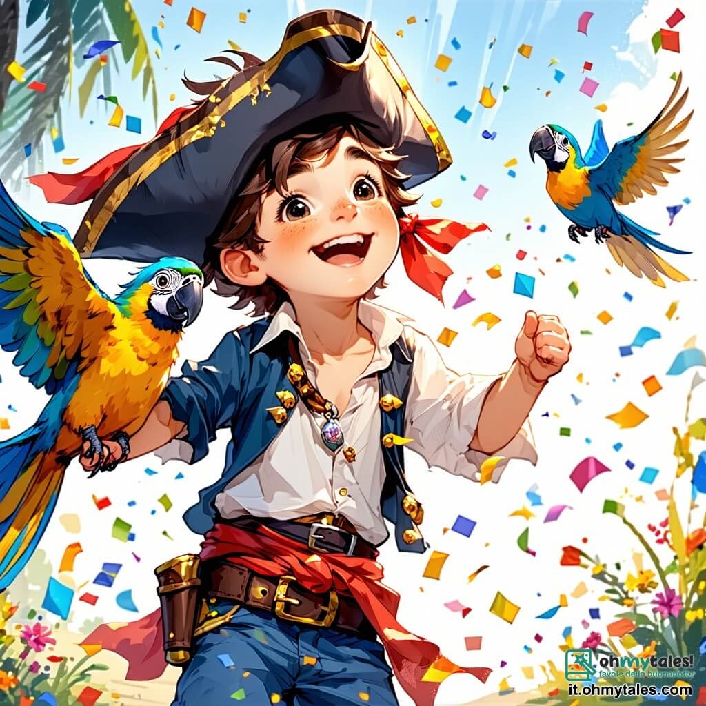 Un ragazzo di 7 anni, Francesco, con capelli castani arruffati e occhi scintillanti di gioia, indossa un costume da pirata colorato con una grande bandana rossa. Danza con entusiasmo, lanciando coriandoli in aria, il suo sorriso radioso di felicità. Accanto a lui, un pappagallo colorato di nome Pino, con piume azzurre, verdi e gialle, vola allegramente intorno a lui, aggiungendo un tocco magico alla scena. Sullo sfondo, un gruppo di bambini, tra cui una ragazza di 8 anni con due codini e un costume da clown, applaude a ritmo di musica, creando un'atmosfera festosa. Il luogo è una piazza animata, decorata con festoni multicolori e palloncini volanti, dove i tamburi risuonano e le risate si alzano nell'aria. La scena è piena di colori vivaci e luci scintillanti, evocando la magia del carnevale. Francesco e Pino danzano insieme attorno a un tamburo dorato che suona da solo, circondati da bambini che si divertono, creando un'atmosfera gioiosa e festosa, piena di vita e di amicizia.