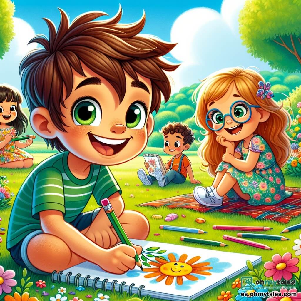 Un niño de 10 años, Lucas, con el cabello castaño desordenado y ojos llenos de curiosidad, está sentado en la hierba verde del parque, sonriendo ampliamente. Sostiene un lápiz en una mano y un cuaderno de dibujo en la otra, listo para crear una obra inspirada en la primavera. A su lado, su mejor amiga Sofía, una niña de 9 años con cabello largo y rubio, lleva un vestido colorido con flores y dibuja un campo de flores con entusiasmo. Más lejos, Pablo, un niño de 10 años con gafas y cabello castaño, observa atentamente su dibujo de un sol radiante, sentado sobre una manta a cuadros. El parque está lleno de flores de colores brillantes, grandes árboles con hojas verdes y un cielo azul claro con nubes blancas. Los niños juegan alrededor, y la atmósfera es alegre y animada. La escena principal muestra a Lucas y sus amigos creando arte, rodeados de la belleza primaveral, mientras participan en un concurso de dibujo.