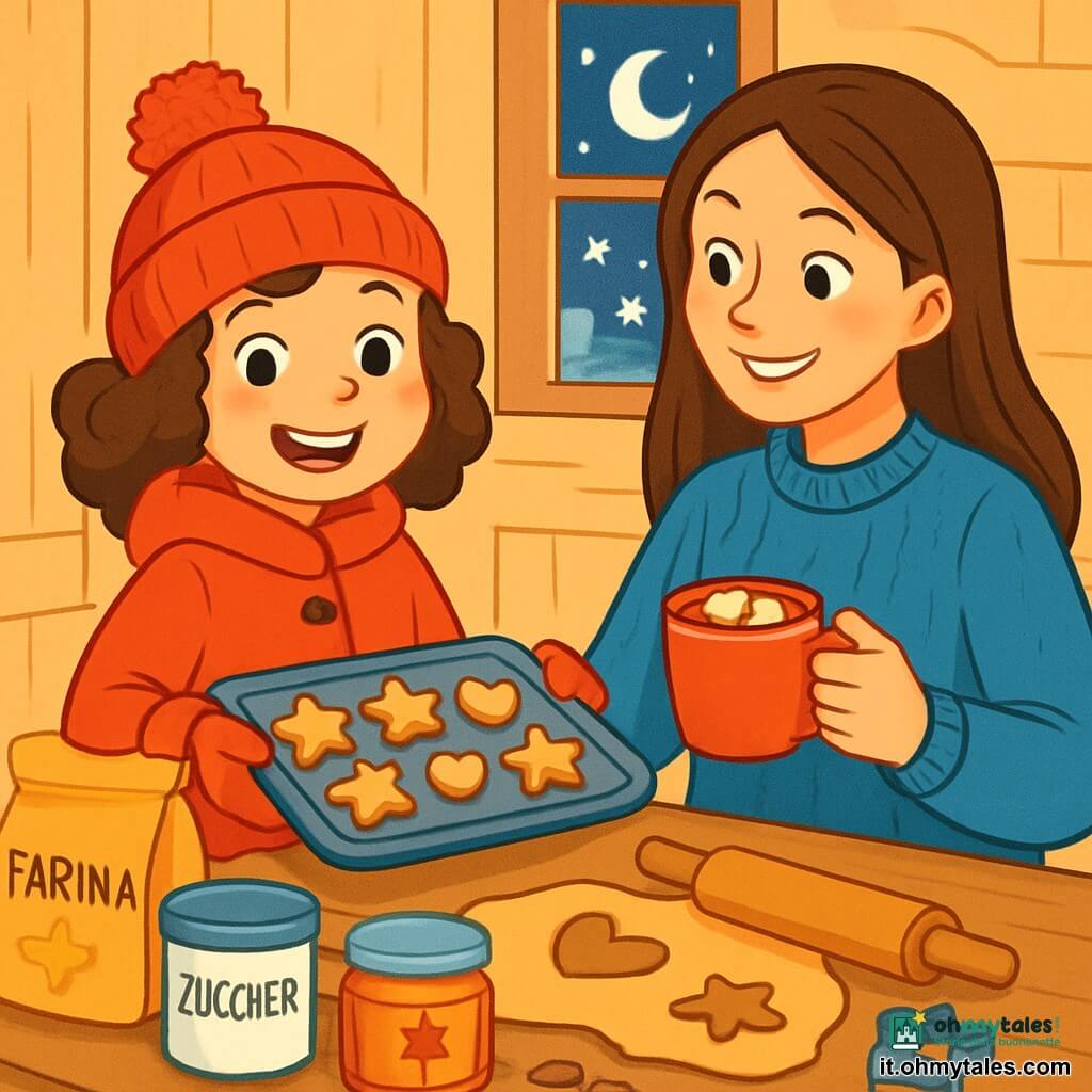 Una ragazza di 8 anni, Sofia, con capelli castani ricci, indossa un bel cappotto rosso vivo e un berretto di lana con un pon-pon. Ha un sorriso radioso e occhi scintillanti di eccitazione, mentre tiene un vassoio di biscotti a forma di stelle e cuori. Accanto a lei, una donna di circa trent'anni, sua madre, con capelli lunghi e lisci, indossa un maglione blu. Sorride calorosamente, guardando Sofia con orgoglio, mentre tiene una tazza di cioccolata calda. La scena si svolge in una cucina accogliente, con pareti in legno chiaro, una grande finestra che lascia entrare la luce morbida della luna e un forno in ghisa che emana calore. Fiocchi di neve cadono dolcemente all'esterno, creando un paesaggio incantevole. Sofia e sua madre stanno preparando biscotti di Natale, circondate da ingredienti colorati: farina, zucchero e spezie. Sofia, piena di gioia, si prepara a uscire per condividere le sue creazioni con i vicini, mentre la magia del Natale aleggia nell'aria, illuminando i loro volti.