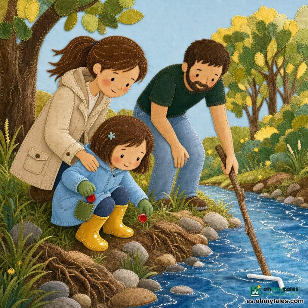 Una niñita de 4 años, alegre y concentrada, rostro redondo con mejillas rosadas, pelo castaño corto, lleva botas amarillas brillantes que hacen "plof", un impermeable azul cielo y pequeños guantes verdes; se agacha para recoger una tapita roja y la introduce en una pequeña bolsita-bucle verde. La mamá, mujer de unos 30 años, sonrisa dulce, pelo castaño en cola de caballo y chaqueta beige, la ayuda sujetándola del hombro desde atrás. El papá, hombre de unos 32 años, barba corta, camiseta verde oscuro y vaqueros, sostiene un largo palo de madera para empujar una pajita flotante hacia la orilla, a la derecha de la niña, inclinado hacia el agua. Lugar: sendero herboso junto a un pequeño río que brilla como una cinta de plata, piedras planas, raíces visibles, árboles de hoja caduca con manchas de sol dorado y cielo azul pálido. Situación: escena tierna y activa donde la niña recoge basura (una tapita roja, una botella transparente y una pajita blanca) en una pequeña bolsita verde mientras los padres la ayudan suavemente; texturas cosidas visibles: hierba en fieltro, agua en algodón bordado y aplicaciones coloridas para la ropa y los objetos.