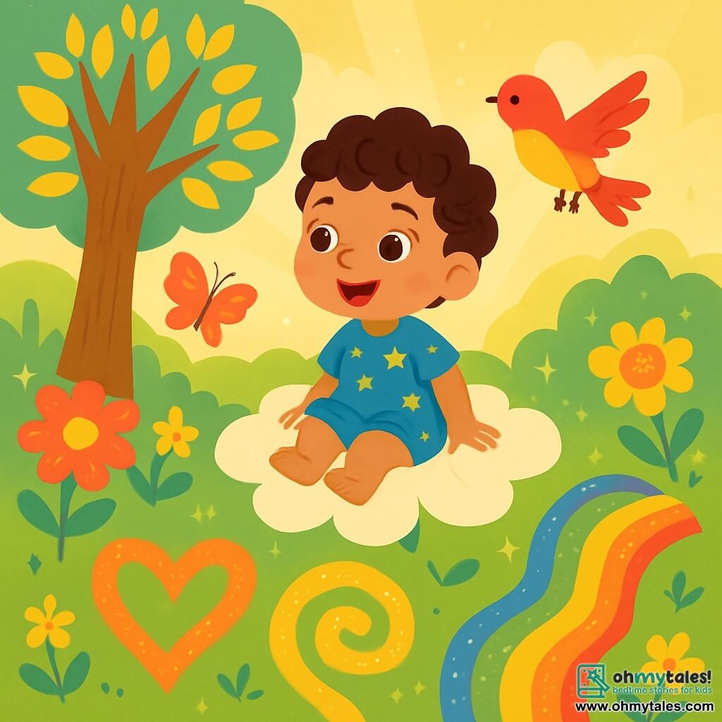 A 2-year-old boy named Star is sitting on a flower as soft as a cloud, with bright curious eyes and a wide joyful smile. He has curly hair and wears a small blue tunic with star patterns. Next to him, a majestic tree with golden leaves whispers secrets, while a colorful bird with red and yellow feathers flies around him, singing happily. The setting is a magical garden filled with vibrant flowers, dancing butterflies, and golden light illuminating every corner. Shimmering paths in the shapes of hearts, spirals, and rainbows wind through this enchanting landscape. In this scene, Star gazes in wonder at the three sparkling paths, pondering which one to choose to explore the mysteries of his dreams.