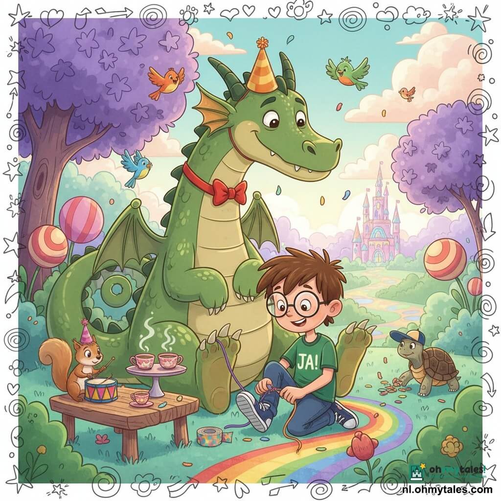 Een grote groene draak met glanzende schubben en zachte ronde ogen zit op zijn opgerolde staart, draagt een klein gouden hoedje en een rood strikje terwijl een jongen van ongeveer 8 jaar, Logica, met stekelig haar en ronde bril in een groen T-shirt "JA!" geconcentreerd zijn kleurrijke veters strikt; een muis met roze hoedje draagt een dienblad met drie dampende theekopjes op een lage houten tafel, een eekhoorn slaat op een kleine trommel links en een schildpad met pet raapt confetti rechts, kleurrijke vogels fladderen erboven. De fantasietuin heeft paarse bomen met stervormige bladeren, reuzenbloemen met strepen, muntgroen gazon, aardbeienluchtige wolken en een regenboogstenen pad, en in de verte een fonkelend kasteel van suiker en glas-in-lood. Vrolijke, warme scène in kinderlijke illustratiestijl met ronde lijnen, verzadigde kleuren, zachte texturen en ochtendlicht.