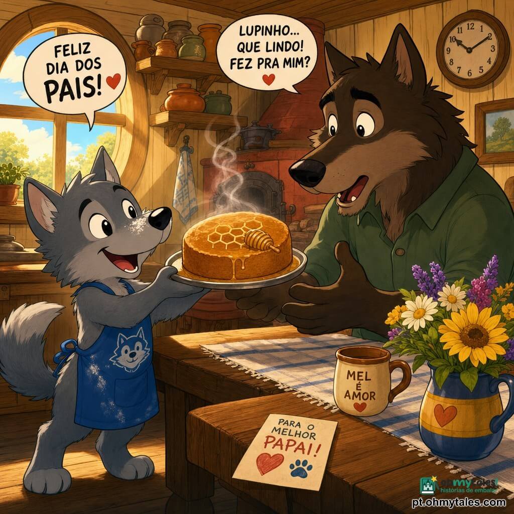 Lupinho, um pequeno lobo antropomórfico de pelo cinza e olhos brilhantes, sorri entusiasmado, veste um avental azul com um desenho de lobo, segura um bolo de mel dourado num tabuleiro e tem farinha no focinho; o pai lobo, grande e caloroso de pelagem castanha escura, sentado à mesa de madeira, mostra-se surpreso e emocionado estendendo as mãos para o tabuleiro; a mãe não aparece, mas ao fundo há um buquê de flores coloridas na mesa (pétalas amarelas, brancas e roxas); a cozinha é acolhedora e rústica — paredes de madeira clara, grande janela redonda com raio de sol quente, prateleiras com potes de barro, forno antigo vermelho e relógio de parede redondo; cena do Dia dos Pais: Lupinho chega orgulhoso com o bolo, sai uma leve fumaça, decoração simples de mel, atmosfera luminosa, cores quentes e contornos suaves.