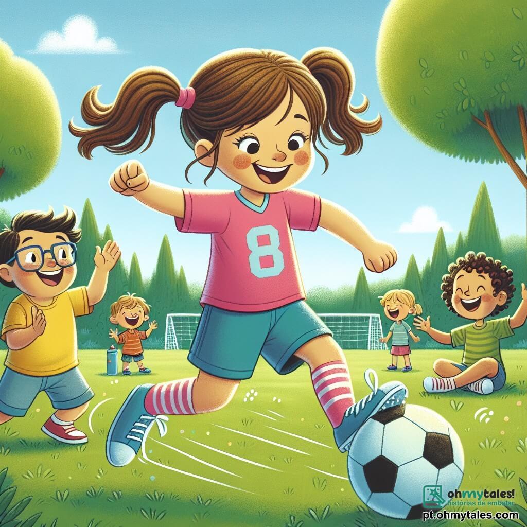 Bia, uma menina sorridente de cerca de 8 anos, veste uma camisa de futebol rosa e um short azul. Seus cabelos castanhos estão presos em duas tranças, e ela dribla alegremente com sua bola de futebol na grama verde do parque. Ao lado dela, um menino de 7 anos, com óculos e uma camiseta amarela, aplaude sorrindo, incentivando Bia a marcar um gol. Outra criança, uma menina de 6 anos com cabelos cacheados, está sentada na grama, segurando uma garrafa de água e rindo com entusiasmo. O parque é cheio de grandes árvores com folhas verdes, e um céu azul claro se estende acima deles, com algumas nuvens brancas. Ao fundo, um pequeno grupo de crianças brinca no balanço. A cena principal mostra Bia se preparando para chutar ao gol, com uma expressão de determinação e alegria no rosto, pronta para marcar um lindo gol.