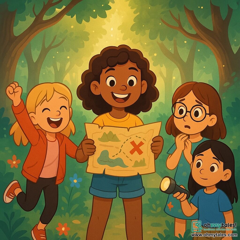 There are 4 children: - **Mia**: a 12-year-old girl with curly brown hair, wearing a yellow t-shirt and denim shorts. She stands in the center, holding a treasure map with a big smile on her face. - **Zoe**: a 12-year-old girl with straight blonde hair, dressed in a red jacket and black leggings. She is to the left of Mia, jumping with excitement, arms raised in the air. - **Lila**: a 12-year-old girl with brown hair and glasses, wearing a floral dress. She is to the right of Mia, looking at the map with a curious and slightly worried expression. - **Ava**: a 12-year-old girl with straight black hair, dressed in a blue t-shirt and cargo pants. She is slightly behind, holding a flashlight, ready to light their way. The setting takes place in an enchanted forest, where tall trees with gnarled trunks rise towards the sky, their shiny leaves filtering sunlight into golden rays. Colorful flowers dot the ground, and a light mist floats around them, adding a touch of mystery to the atmosphere. The main situation shows the four friends discovering a treasure map in Mia's attic, with expressions of excitement and adventure on their faces, ready to embark on a quest to find the treasure hidden in the forest.