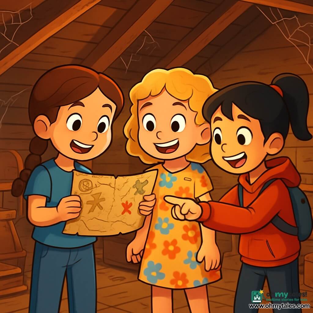 There are 3 characters: Mia, a 9-year-old girl with brown braided hair, wearing a blue t-shirt and jeans, holding a treasure map with sparkling eyes; Lila, a 9-year-old girl with curly blonde hair, dressed in a colorful flower dress, looking at the map with curiosity and a wide smile; and Zoe, a 9-year-old girl with black ponytail hair, wearing a red hoodie and a small backpack, enthusiastically pointing at a direction on the map. The three girls are in an old attic, surrounded by cobwebs and dusty trunks. Sunlight filters through wooden planks, creating golden rays that illuminate the room. Antique objects like wooden toys and worn books are scattered around, adding a touch of mystery to the atmosphere. The main situation shows the three friends discovering a treasure map in the attic, amazed and ready for adventure, their faces lit up with excitement.