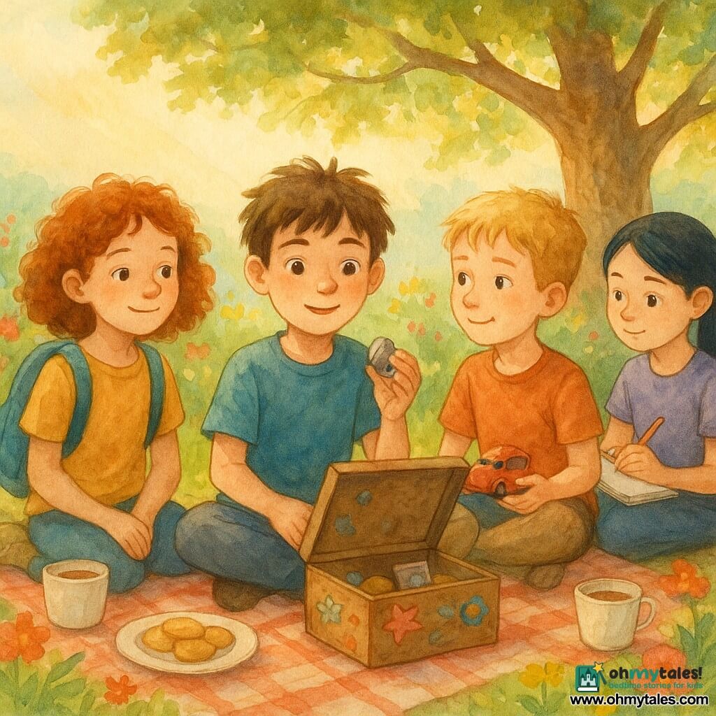 There are four children: A 10-year-old boy, Ben, with messy brown hair and curious eyes, holds a small gray pebble with a white stripe in his right hand, standing in the center of the image. A 10-year-old girl, Maya, with curly red hair, carries a backpack with a dangling bell, standing to Ben's left with a gentle smile. A 10-year-old boy, Sam, with short blond hair and freckles, holds a small red toy car, standing to Ben's right, looking towards him. A 10-year-old girl, Lina, with straight black hair in a ponytail, holds a sketchbook under her arm, slightly in the background, drawing in her sketchbook. The setting is a sunny garden with colorful flowers and a large majestic oak tree in the background. Sunlight filters through the branches, creating bright patterns on the ground. The main scene shows the children gathered around an open memory box decorated with drawings and stickers. They sit on a picnic blanket, surrounded by cookies and paper cups of tea. The atmosphere is warm and friendly, with a sense of sharing and happy memories.