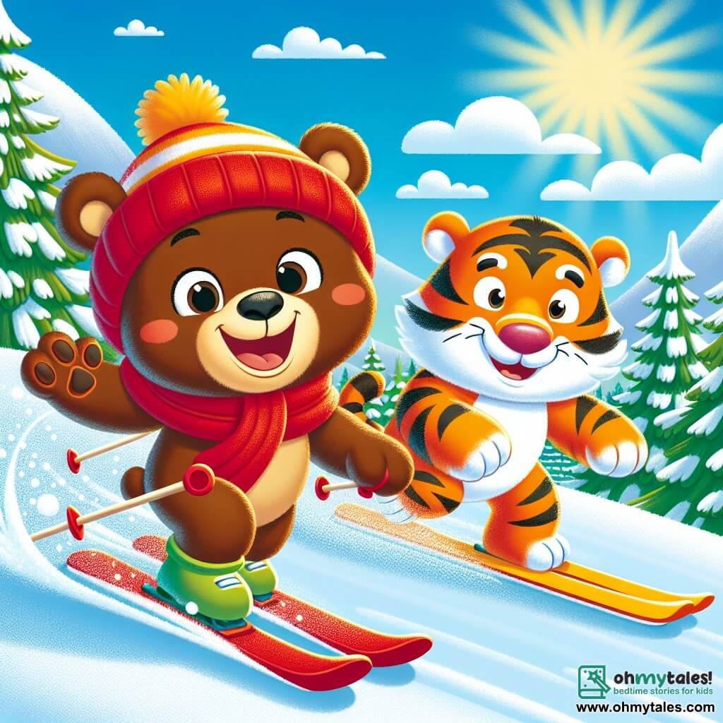 A cheerful and enthusiastic little brown bear wearing bright red skis glides down a snowy slope with a big smile. His eyes sparkle with happiness as he takes off into the snow. Next to him, a friendly and smiling orange-striped tiger skis effortlessly, its powerful paws sinking slightly into the snow. They are surrounded by a beautiful winter landscape with green fir trees covered in sparkling snow and a clear blue sky dotted with fluffy white clouds. The main scene shows the two friends skiing together, laughing and having fun, leaving tracks in the fresh snow under the radiant sun.
