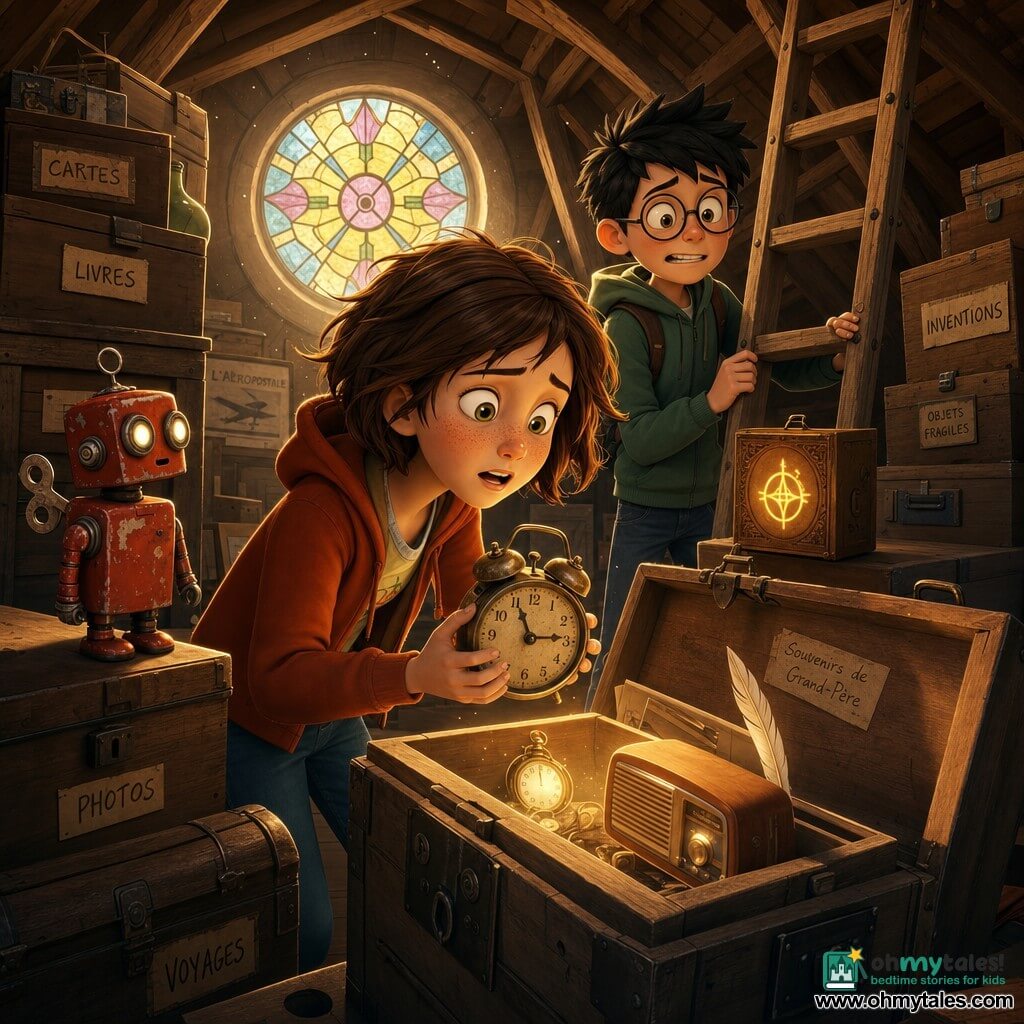A 12-year-old girl, Mina, with a round freckled face and short tousled chestnut hair, looks amazed and slightly worried as she holds an old mechanical alarm clock, leaning forward as if just pulling it from a trunk; behind her stands Leo, about 12, crew-cut black hair, round glasses and a nervous smile, one hand on the attic ladder, both staring at a small glowing wooden box beside them; a 25–30 cm red, chipped tin robot with painted blinking white eyes and a winding key sits on a table to the left, turning its head to watch; the scene is a warm wooden attic with exposed beams and a round stained-glass window casting dusty golden light, labeled trunks and boxes, one large trunk ajar emitting a soft glow and old objects; the moment is a suspended discovery—Mina has just placed the clock on the trunk’s edge, faces lit by the glow, the robot silently warning, evoking cozy mystery and childlike curiosity.