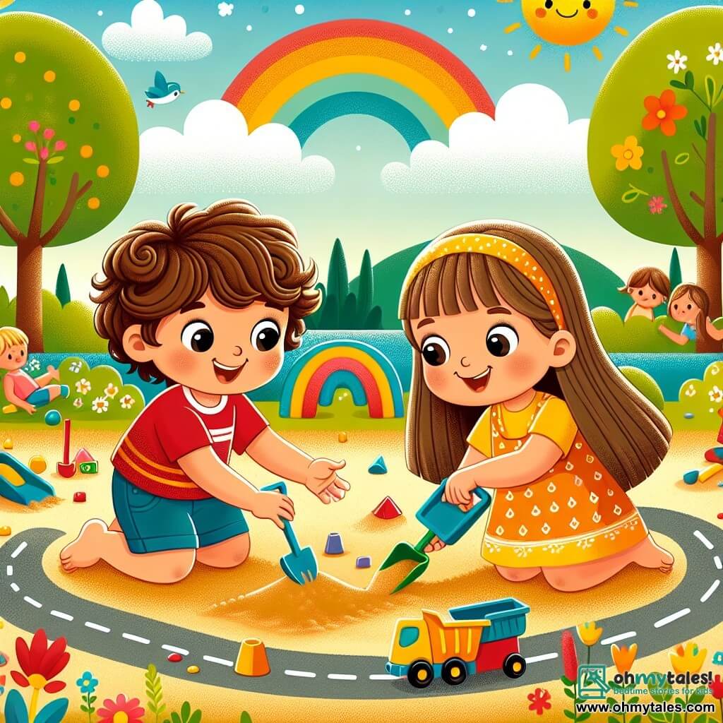A 4-year-old boy named Elliot, with curly brown hair and big curious eyes, joyfully smiles while playing in the sand. He wears a red t-shirt and blue shorts, building a road with toys. Next to him, a 4-year-old girl named Lily, in a bright yellow dress with long smooth hair, uses a shovel to shape the sand. She smiles and looks at Elliot with enthusiasm. The scene takes place in a sunny park filled with green trees, colorful flowers, and other children playing around them. The main focus shows Elliot and Lily, united by their creativity, building a large sand road together, symbolizing friendship and gender equality.